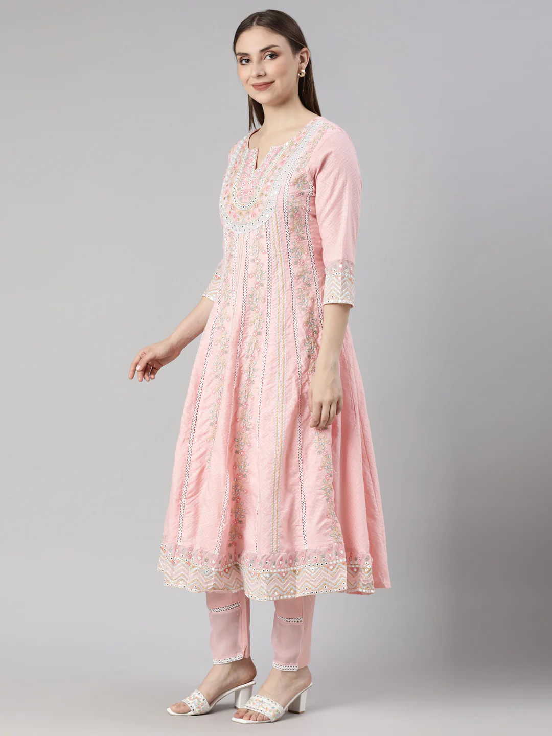 Neerus Pink Regular Flared Floral Kurta And  Trousers With Dupatta - Image 2