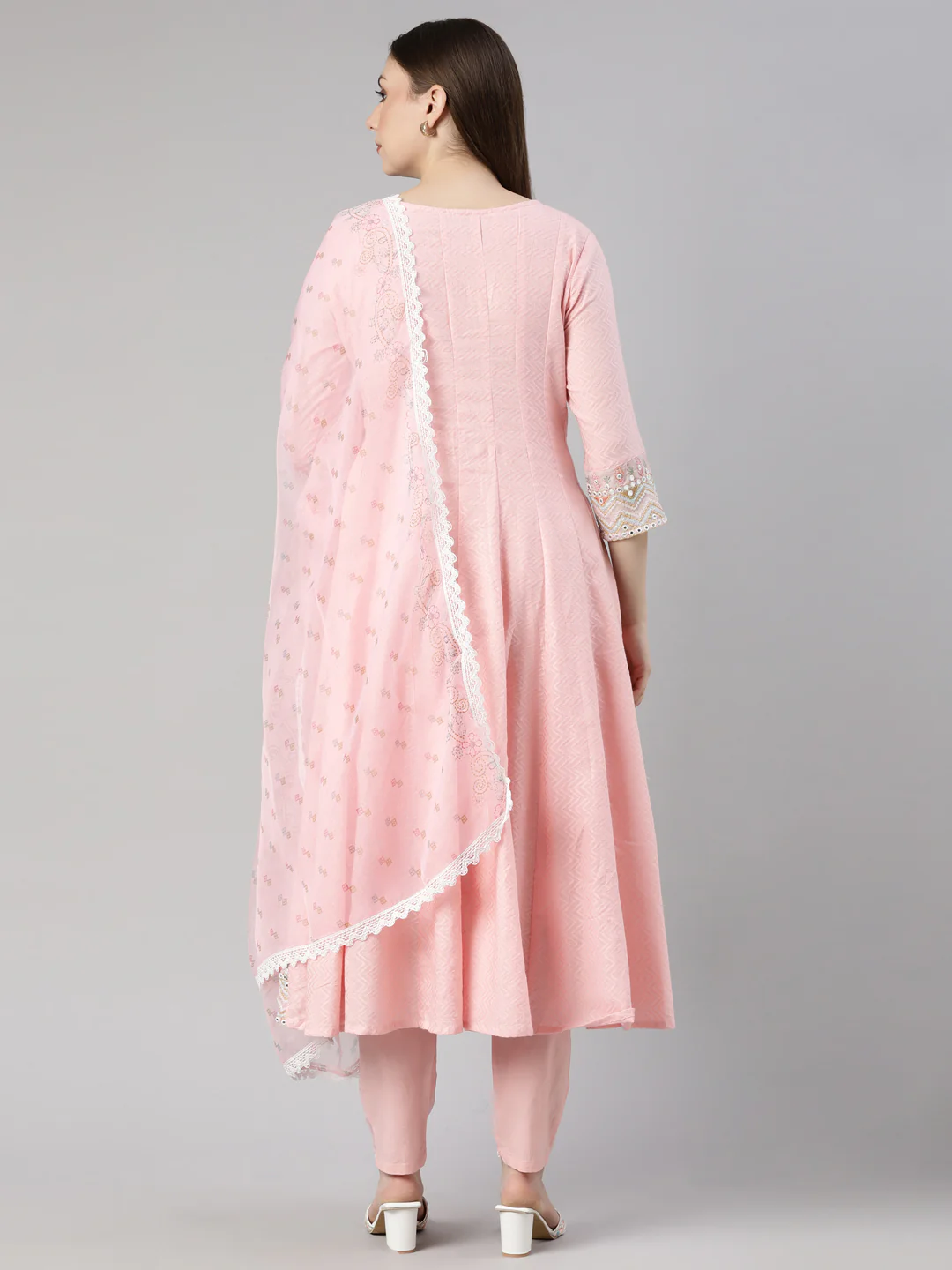 Neerus Pink Regular Flared Floral Kurta And  Trousers With Dupatta - Image 3