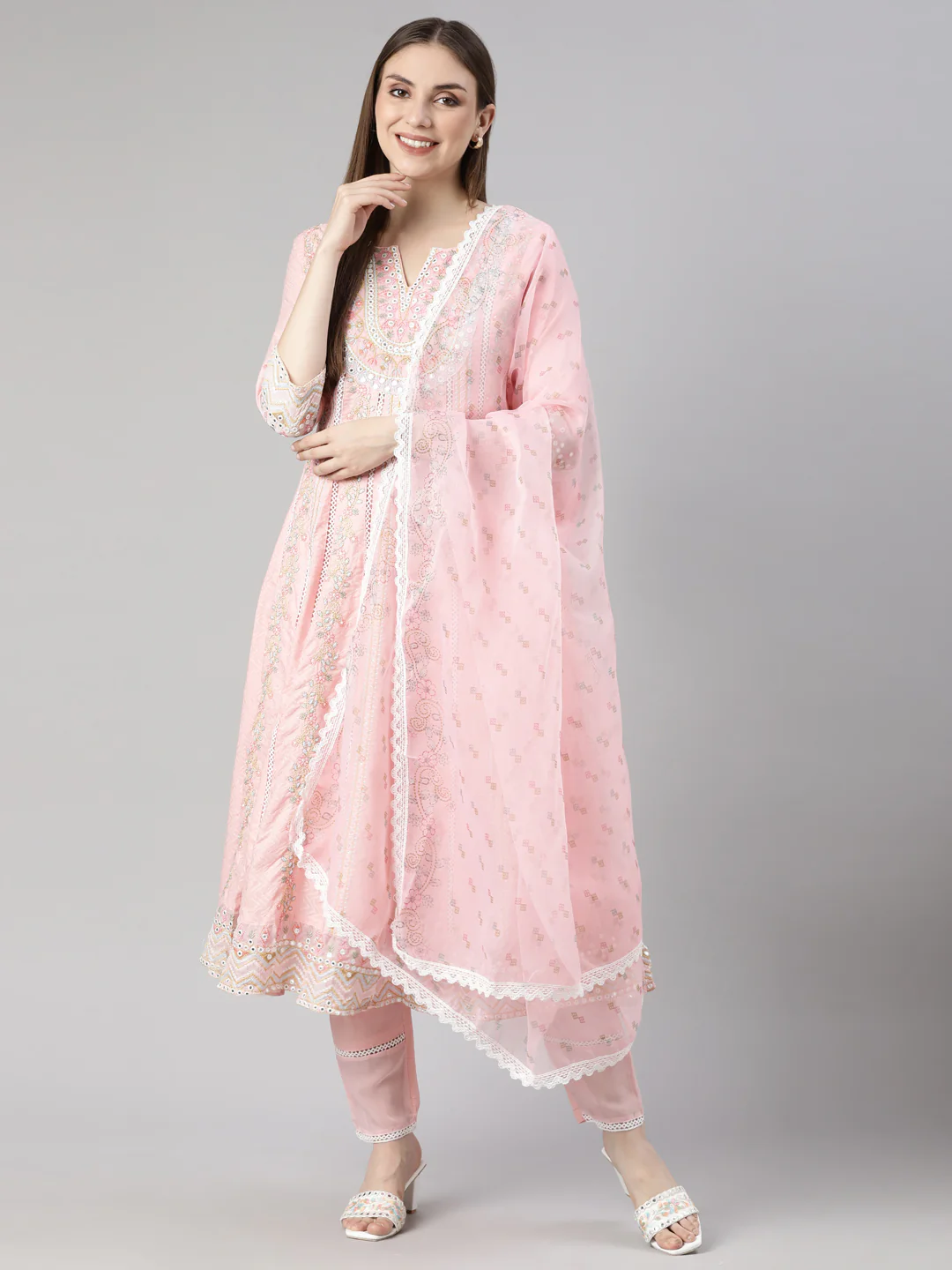 Neerus Pink Regular Flared Floral Kurta And  Trousers With Dupatta - Image 4