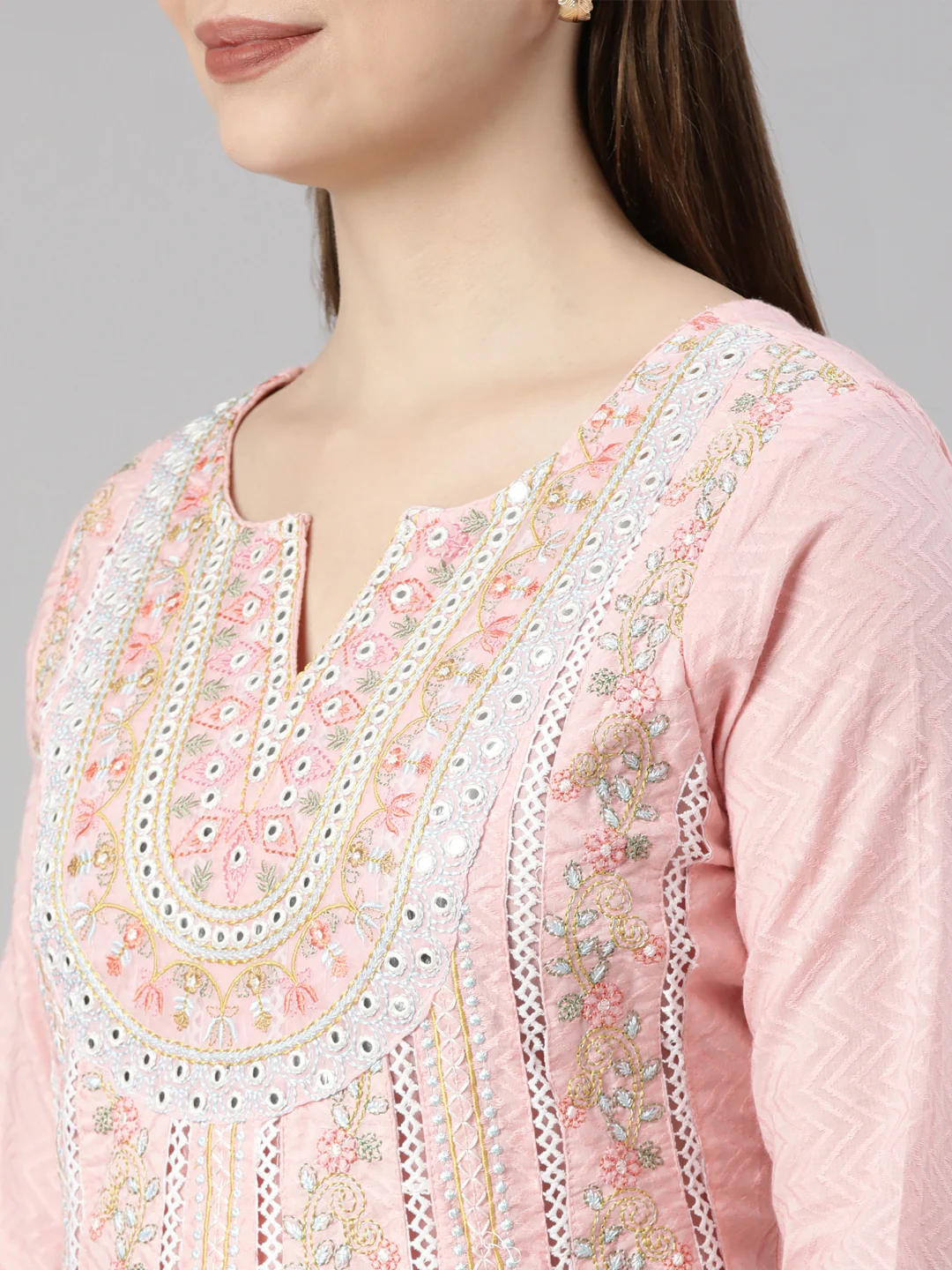 Neerus Pink Regular Flared Floral Kurta And  Trousers With Dupatta - Image 7