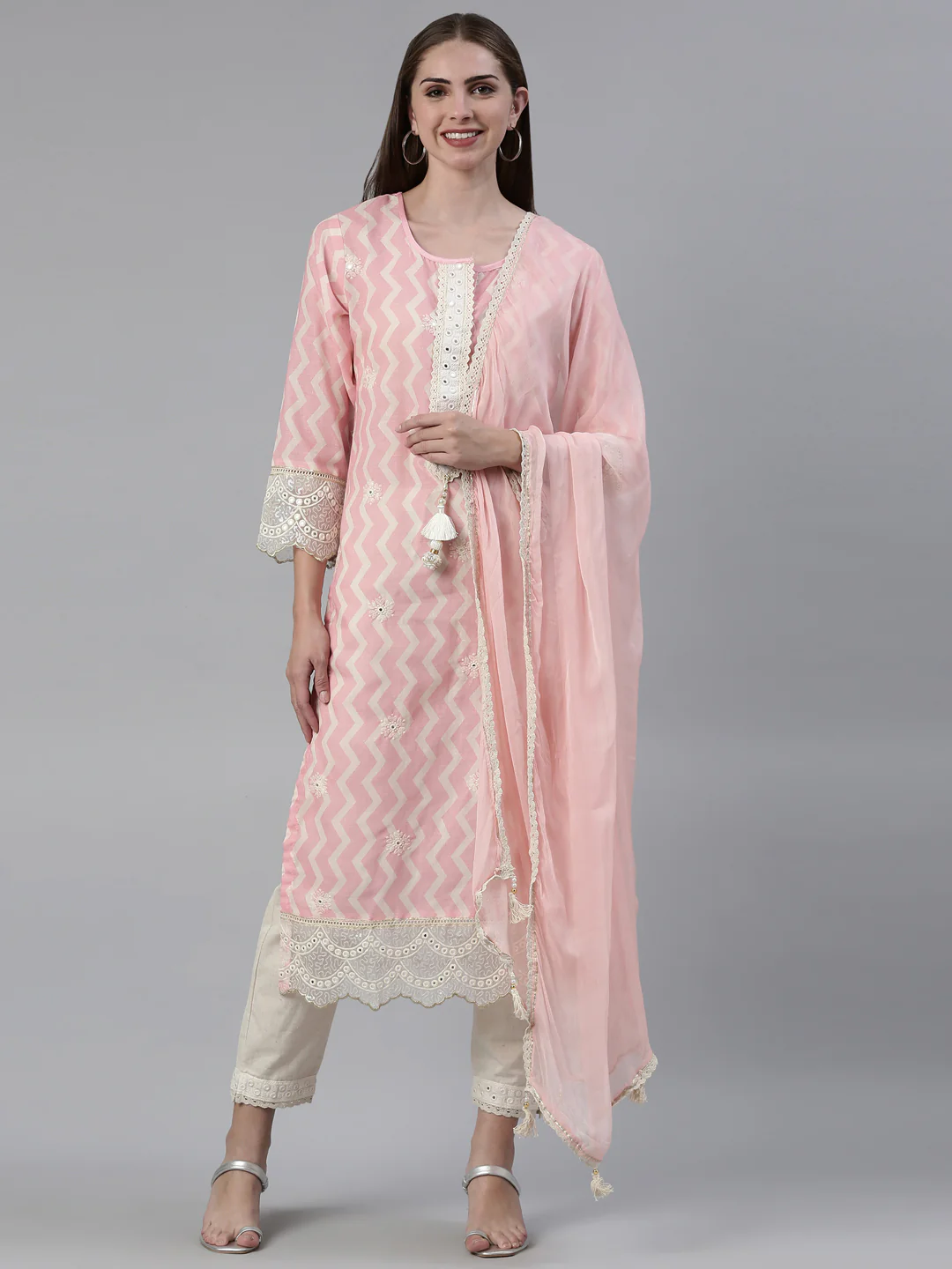 Neerus Pink Regular Knee Length Embroidered Kurta Solid Trousers With Dupatta