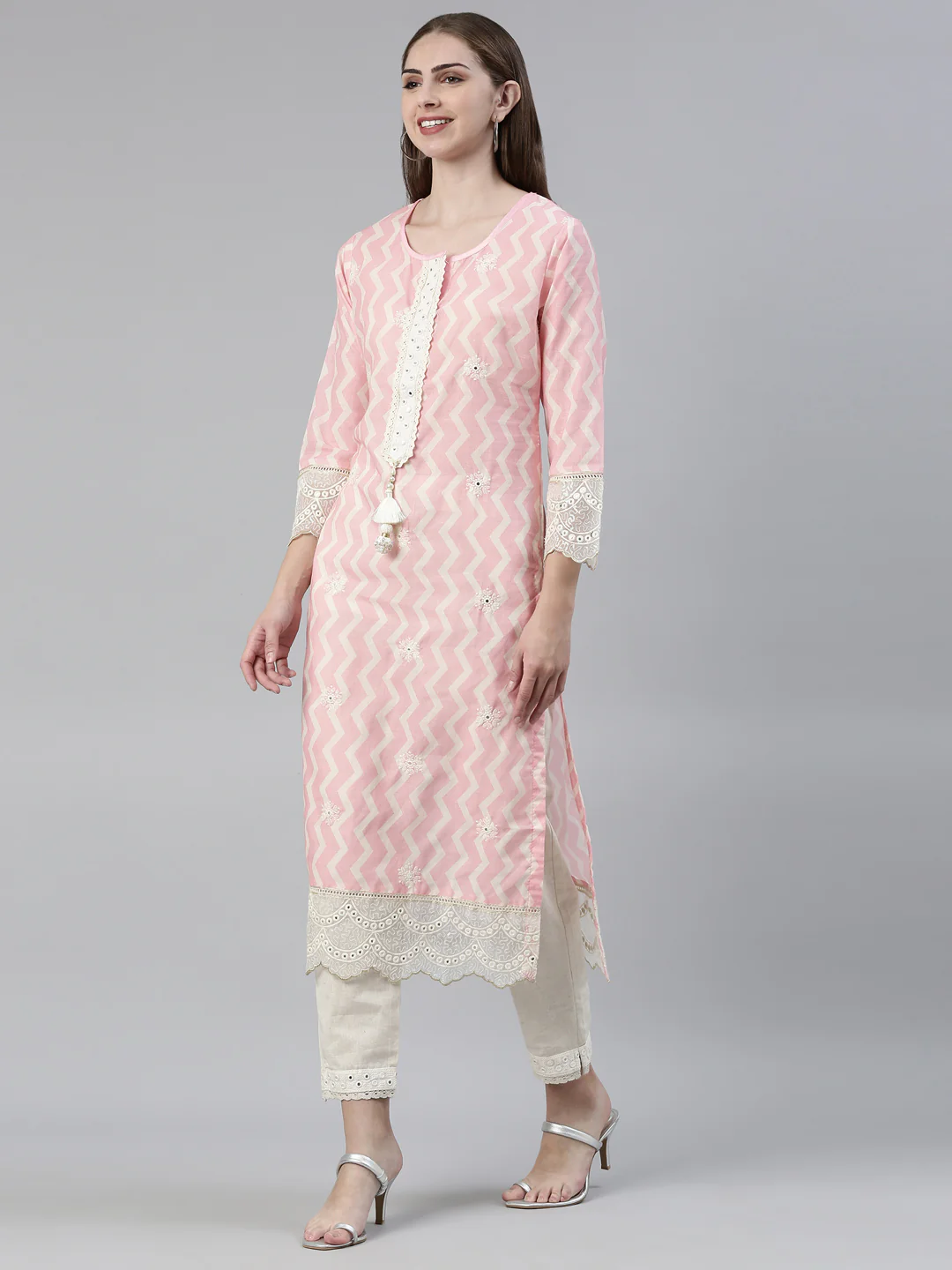 Neerus Pink Regular Knee Length Embroidered Kurta Solid Trousers With Dupatta - Image 2