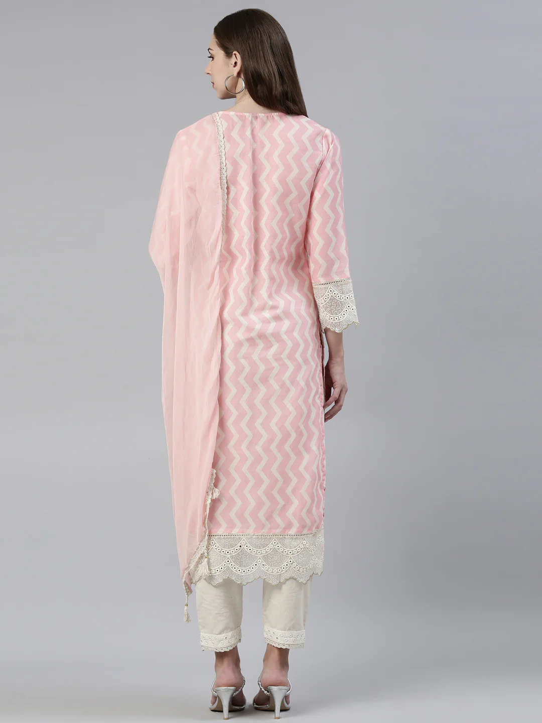 Neerus Pink Regular Knee Length Embroidered Kurta Solid Trousers With Dupatta - Image 3