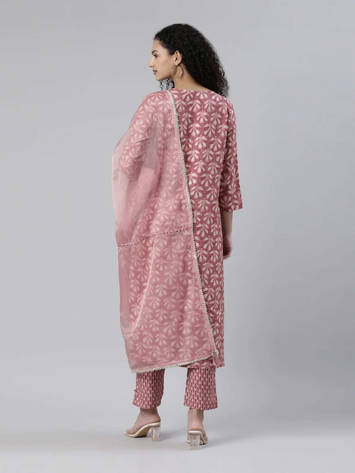 Neerus Pink Regular Knee Length Printed Kurta Printed Trousers With Dupatta - Image 3