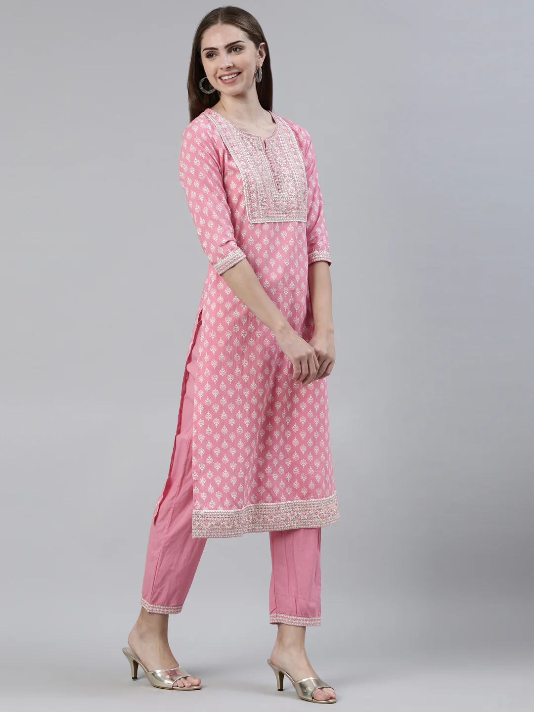 Neerus Pink Regular Knee Length Printed Kurta Solid Trousers With Dupatta - Image 2