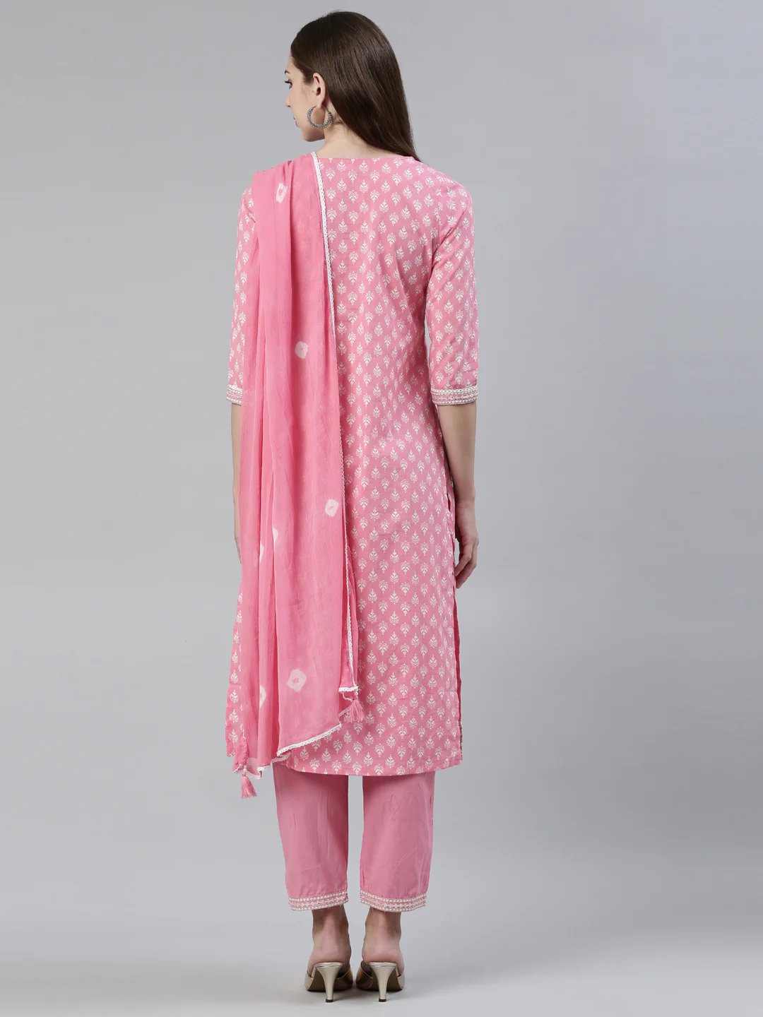 Neerus Pink Regular Knee Length Printed Kurta Solid Trousers With Dupatta - Image 3
