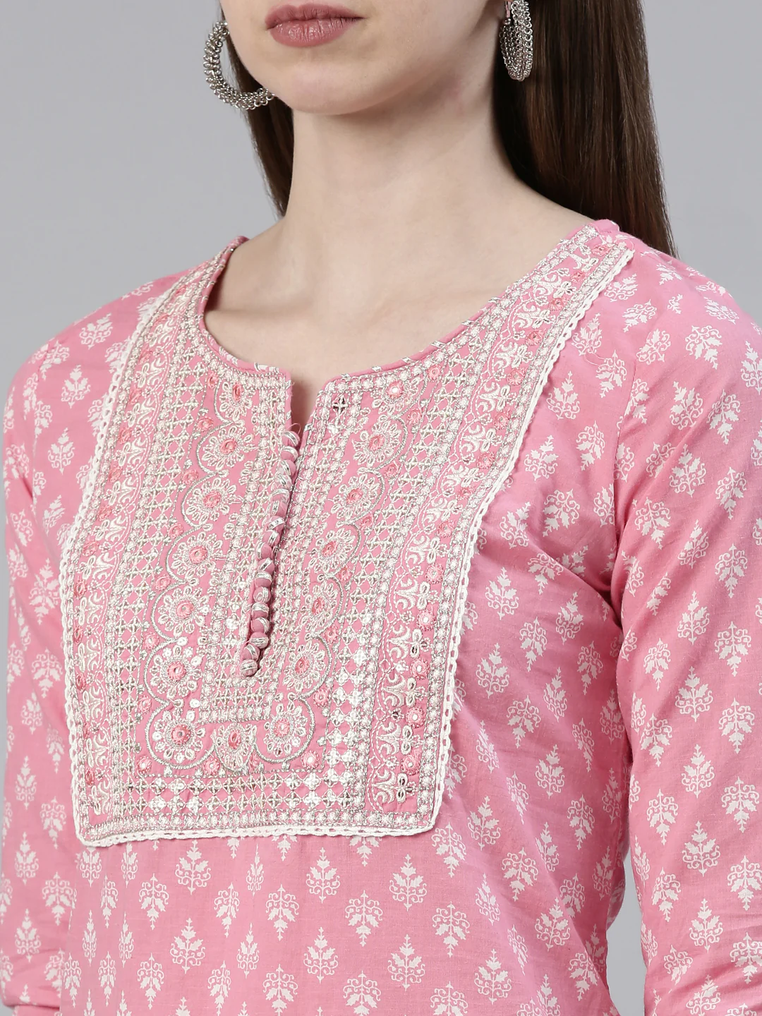 Neerus Pink Regular Knee Length Printed Kurta Solid Trousers With Dupatta - Image 4