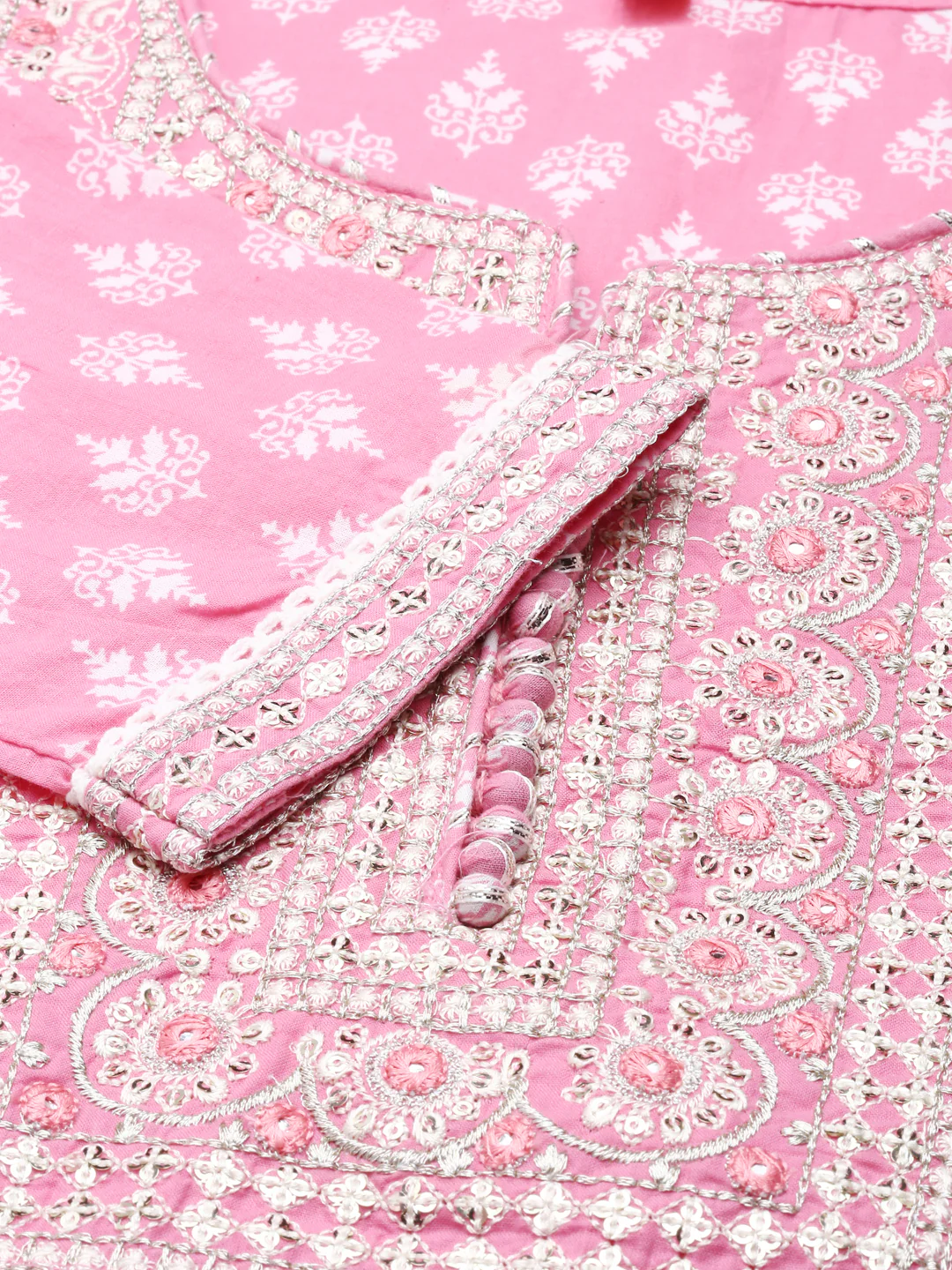 Neerus Pink Regular Knee Length Printed Kurta Solid Trousers With Dupatta - Image 5