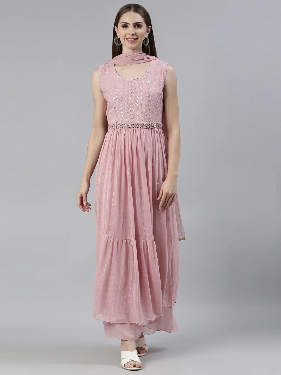 Neerus Pink Regular Knee Length Solid Kurta Solid Palazzos With Dupatta