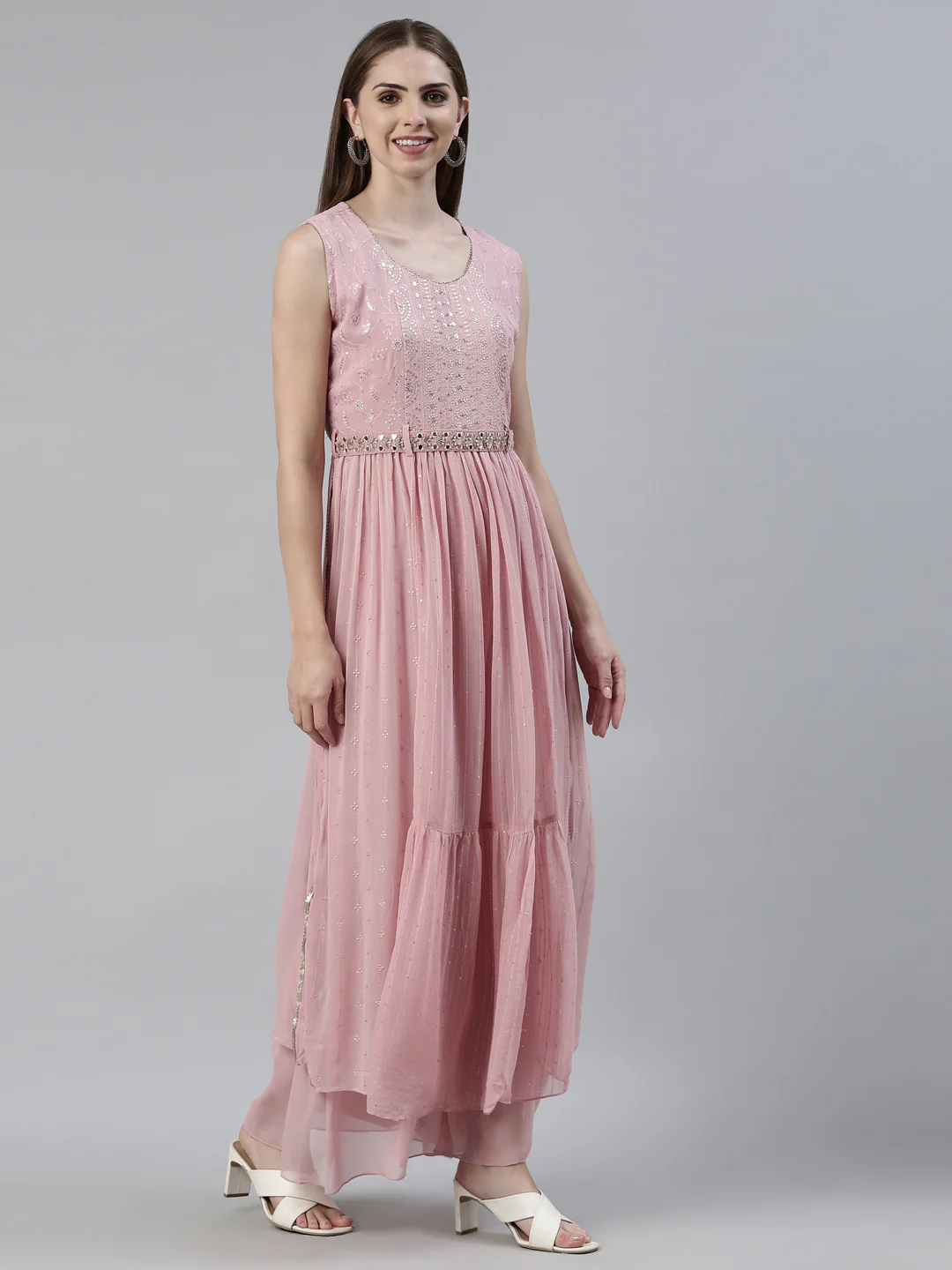 Neerus Pink Regular Knee Length Solid Kurta Solid Palazzos With Dupatta - Image 2