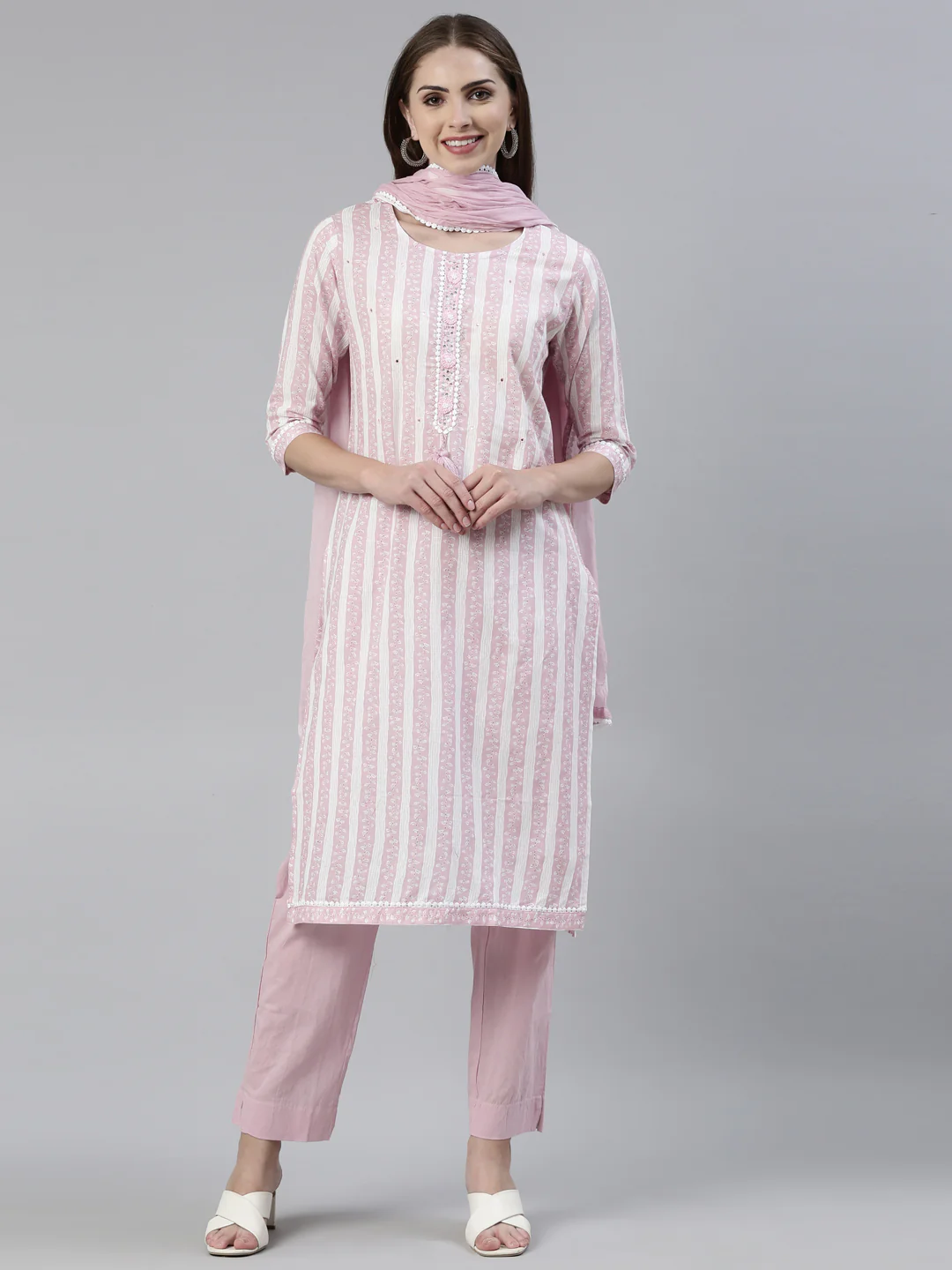 Neerus Pink Regular Knee Length Solid Kurta Solid Trousers With Dupatta