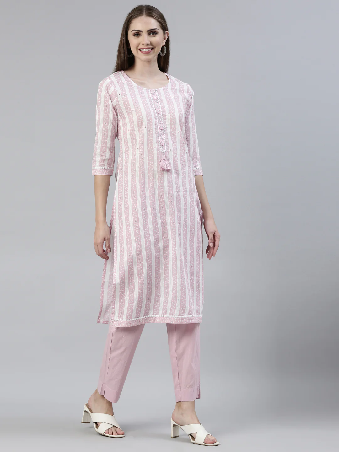 Neerus Pink Regular Knee Length Solid Kurta Solid Trousers With Dupatta - Image 2