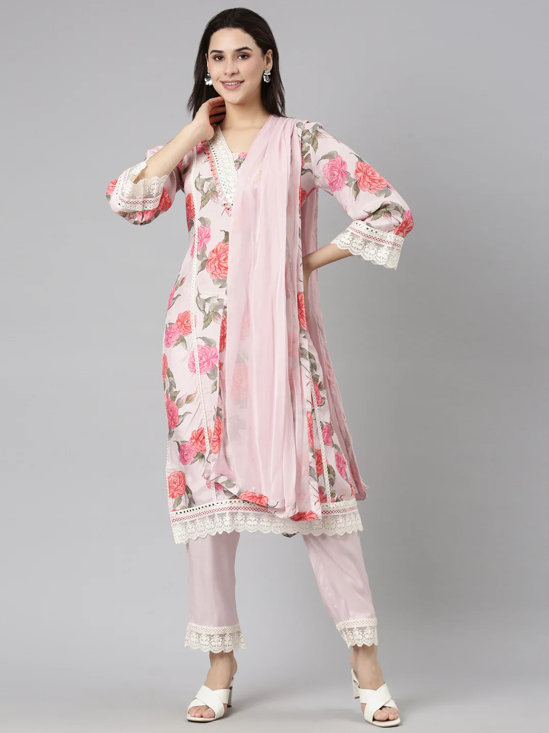 Neerus Pink Regular Scalloped Floral Kurta And Trousers With Dupatta