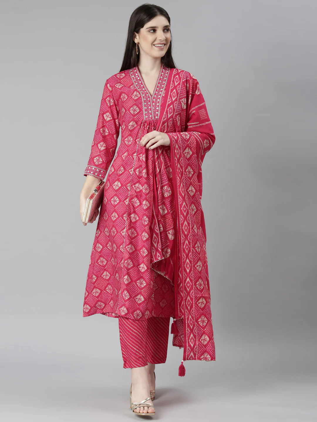Neerus Pink Regular Straight Bandhani Kurta And Trousers With Dupatta - Image 5