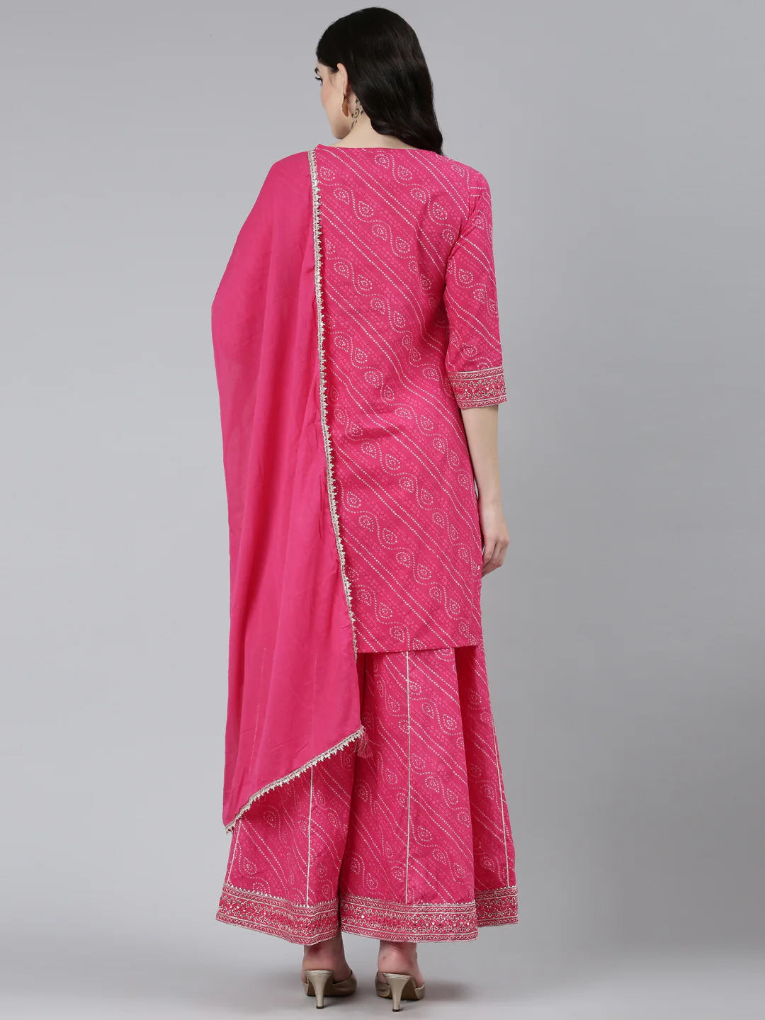 Neerus Pink Regular Straight Bandhani Kurta Sets And Palazzos With Dupatta - Image 3