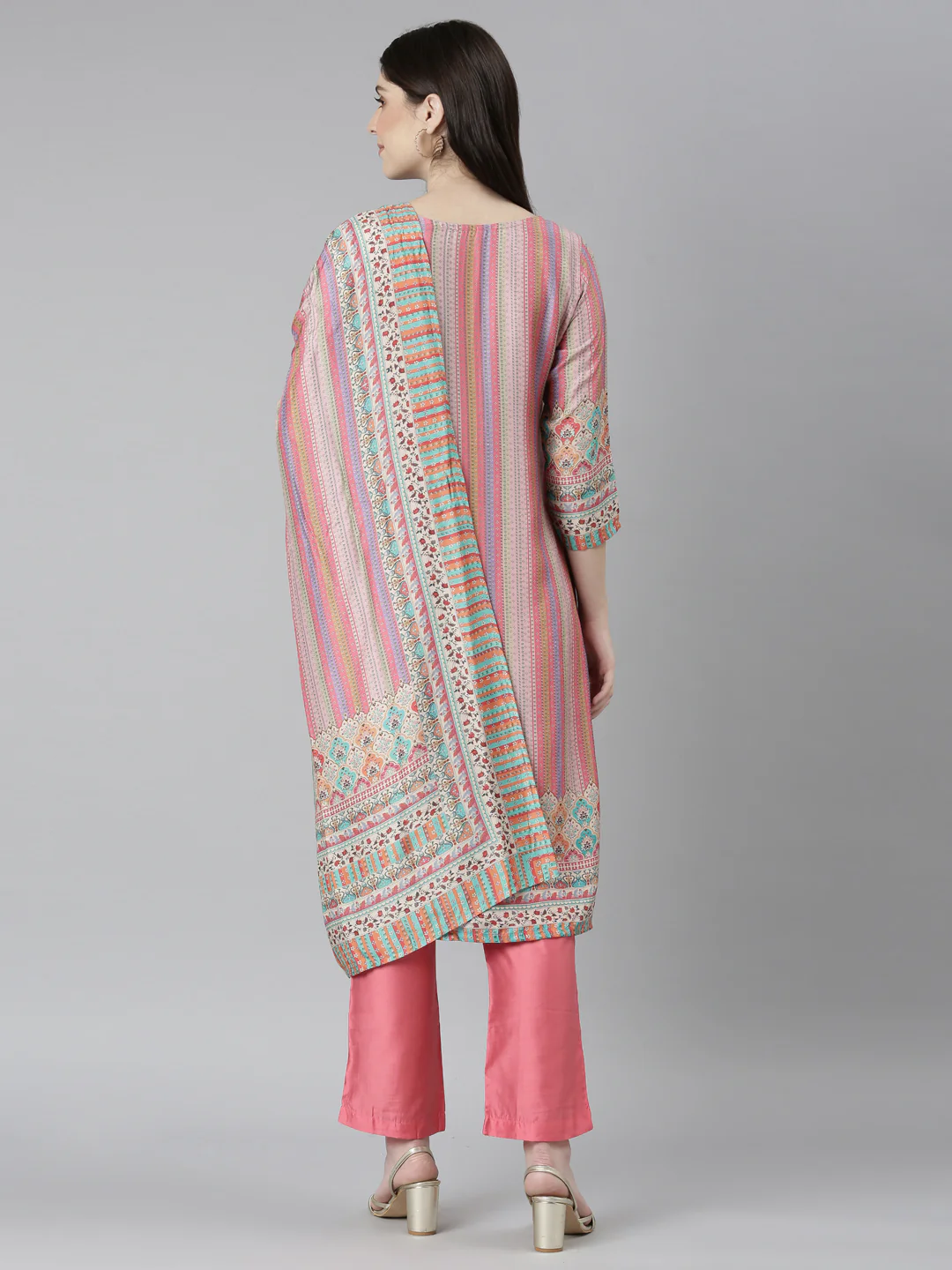 Neerus Pink Regular Straight Chevron Kurta And Trousers With Dupatta - Image 3