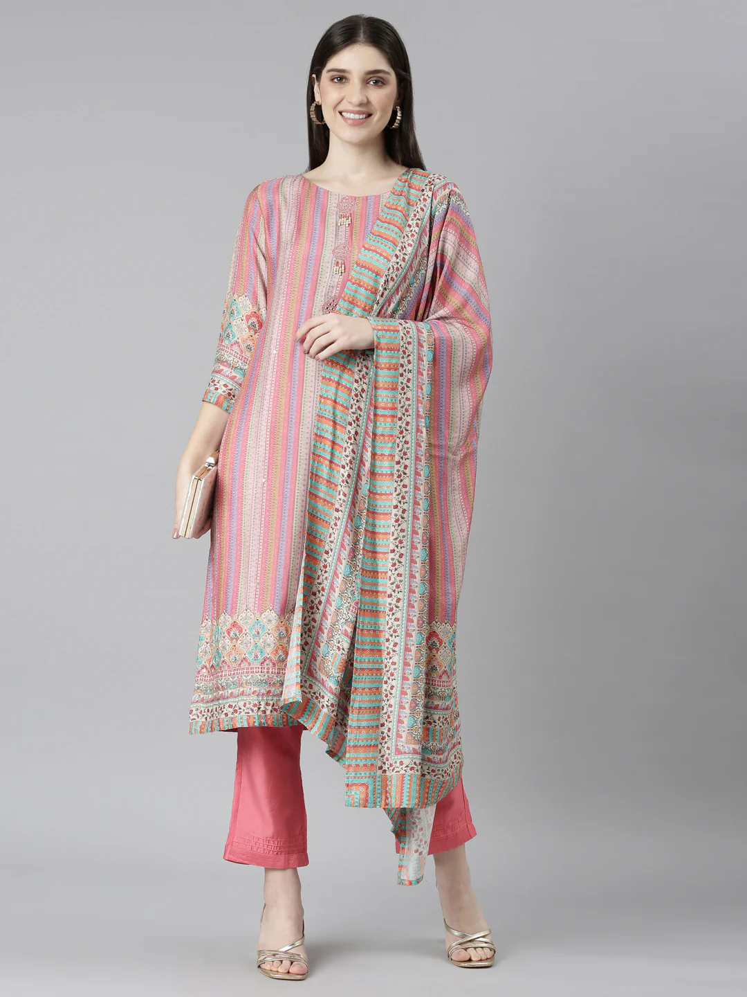 Neerus Pink Regular Straight Chevron Kurta And Trousers With Dupatta - Image 4