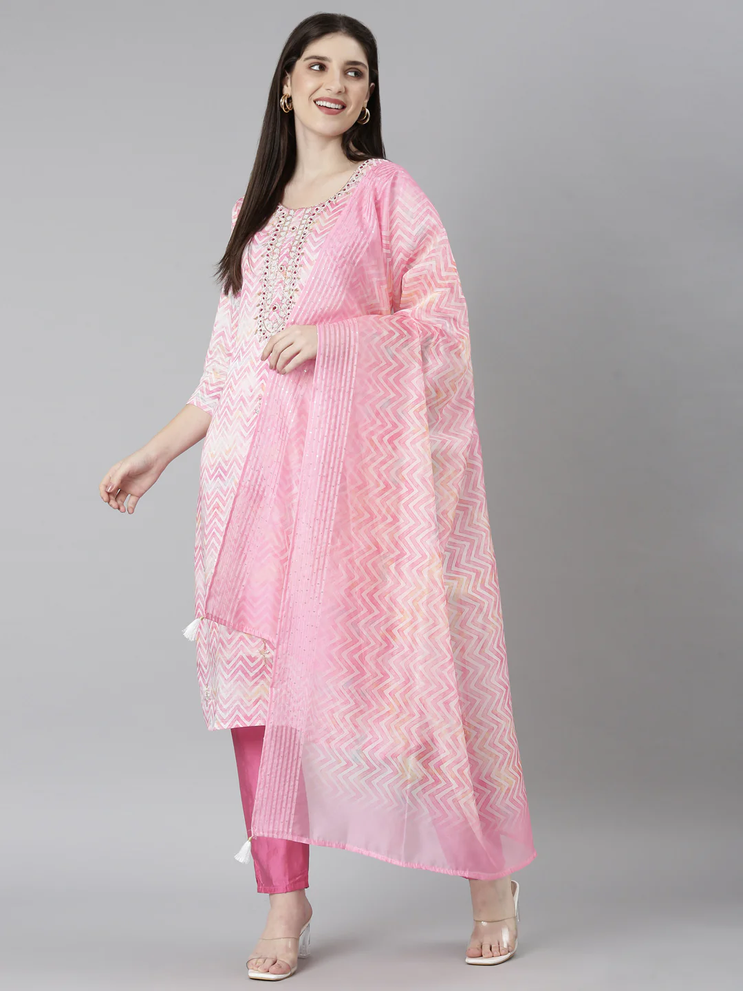 Neerus Pink Regular Straight Chevron Kurta And Trousers With Dupatta - Image 5