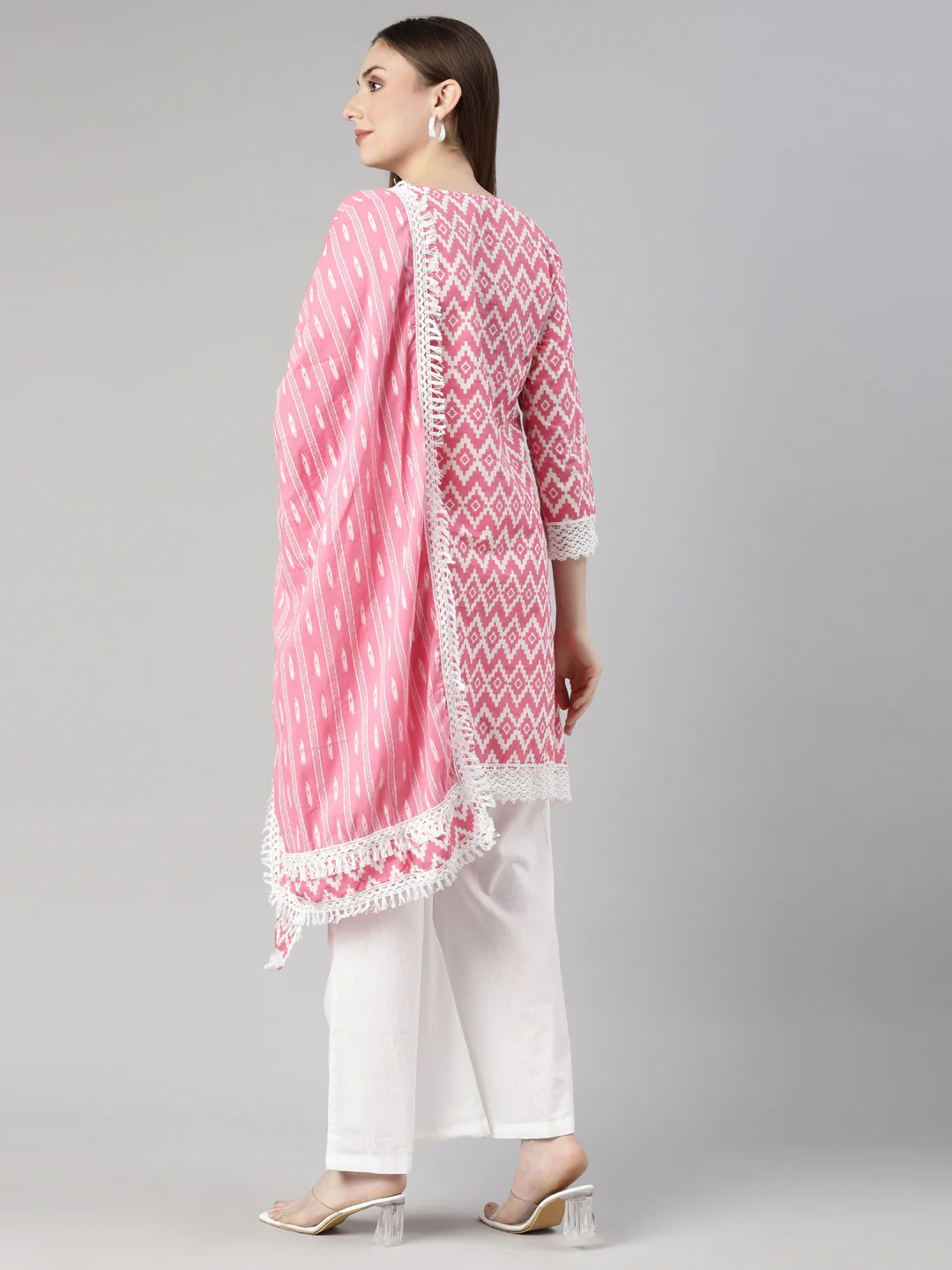 Neerus Pink Regular Straight Chevron Kurti And  Palazzos With Dupatta - Image 3