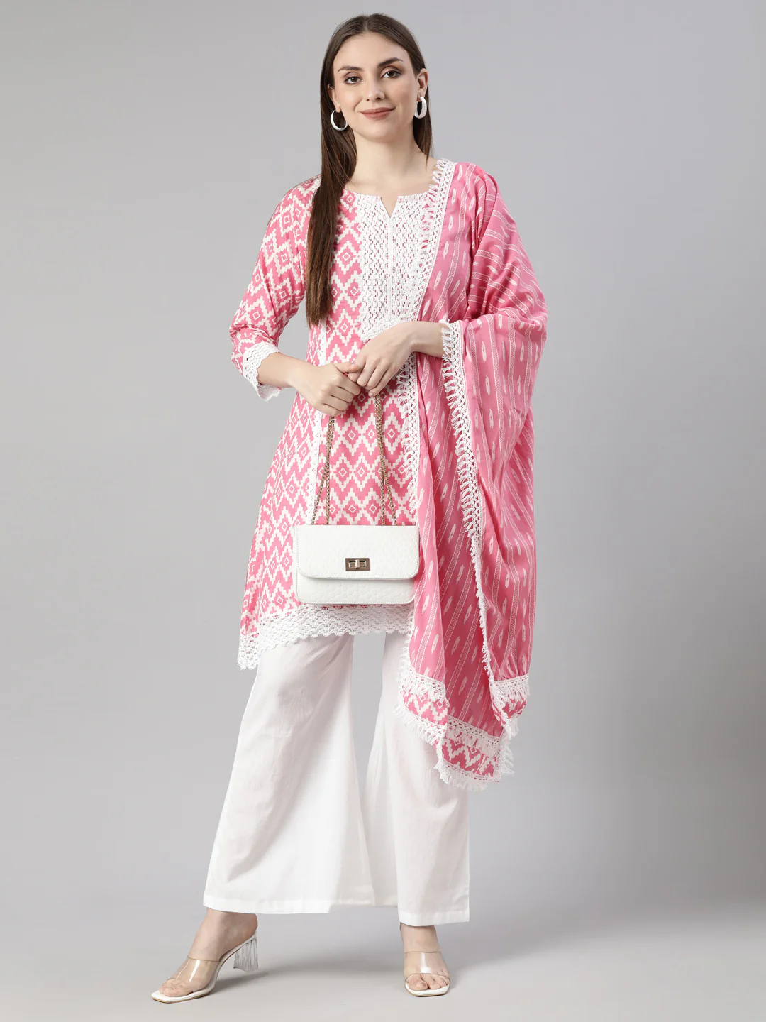 Neerus Pink Regular Straight Chevron Kurti And  Palazzos With Dupatta - Image 5