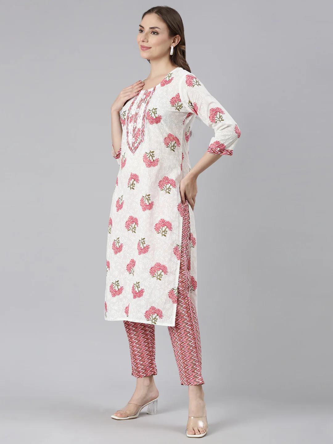 Neerus Pink Regular Straight Embroidered Kurta and Trousers - Image 2