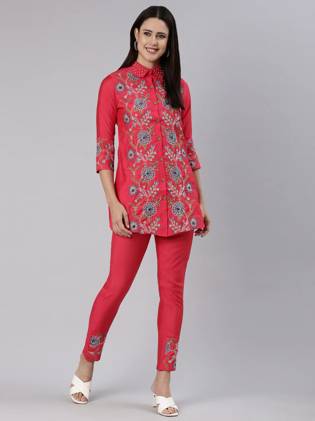 Neerus Pink Regular Straight Embroidered Co-Ords set - Image 5