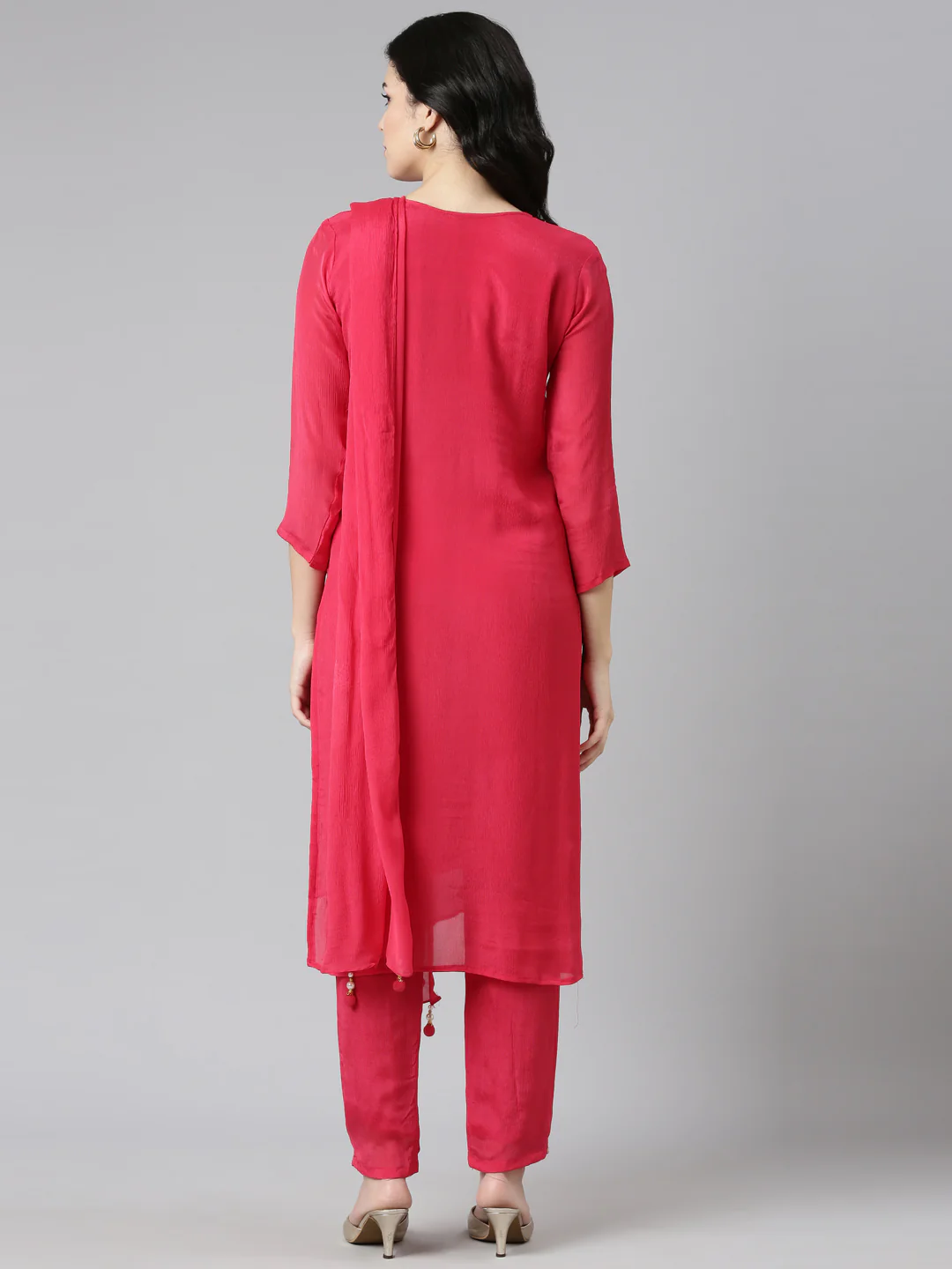 Neerus Pink Regular Straight Embroidered Kurta And Trousers With Dupatta - Image 3