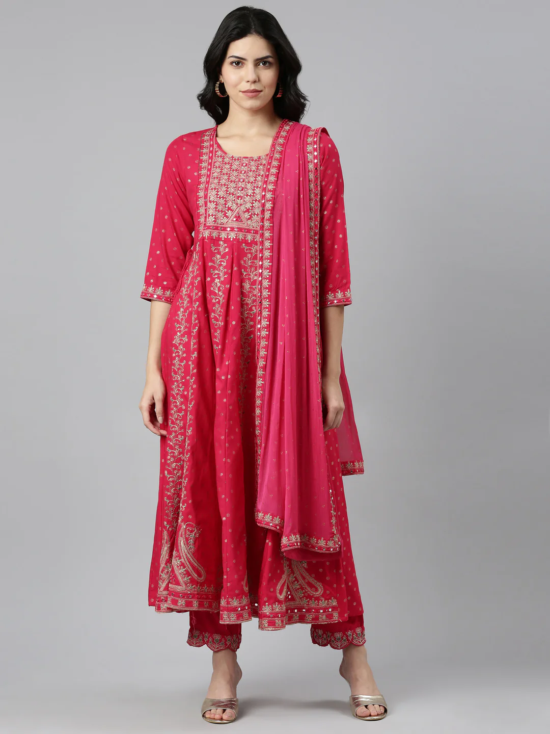 Neerus Pink Regular Straight Embroidered Kurta And Trousers With Dupatta
