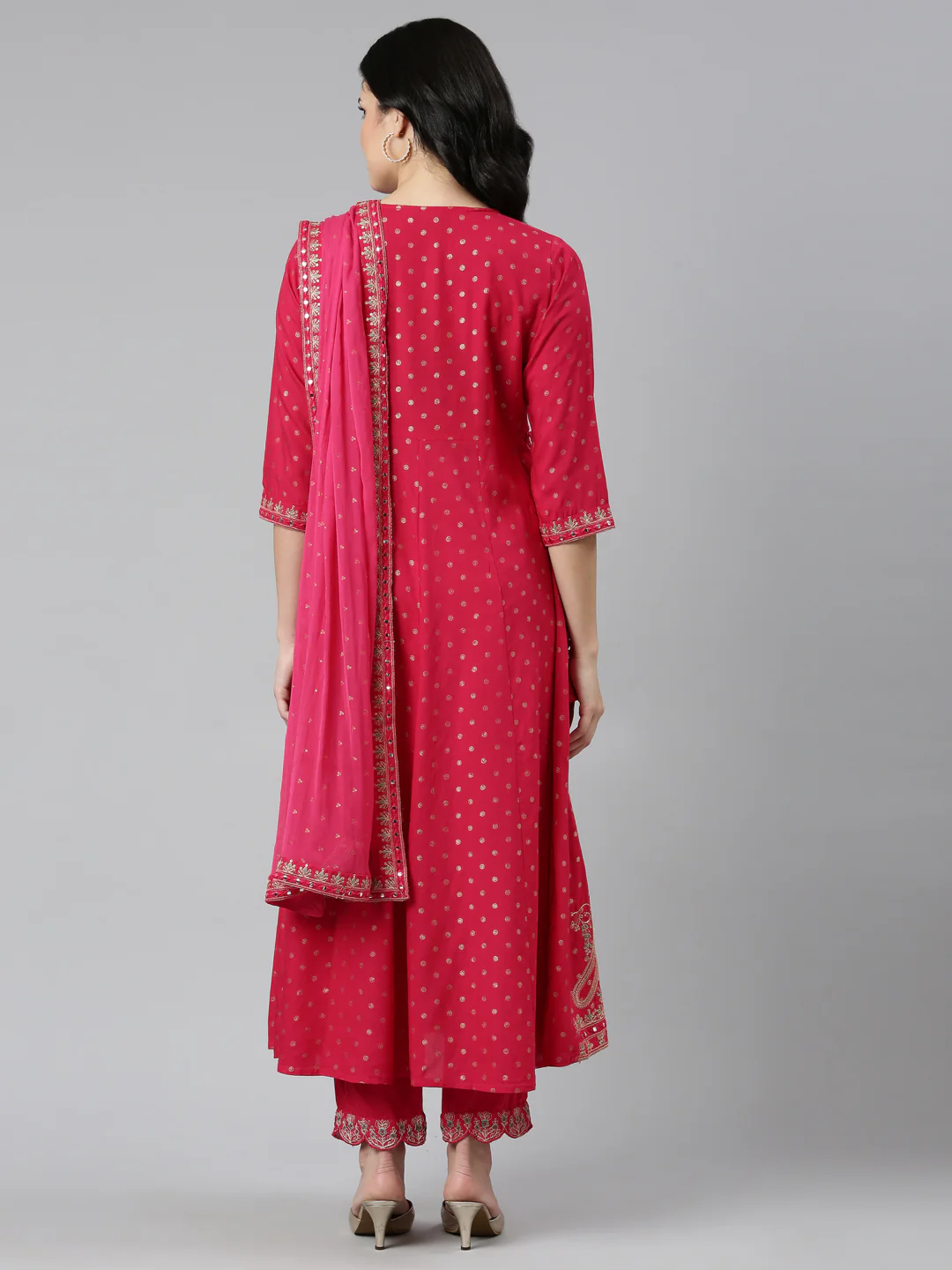 Neerus Pink Regular Straight Embroidered Kurta And Trousers With Dupatta - Image 3