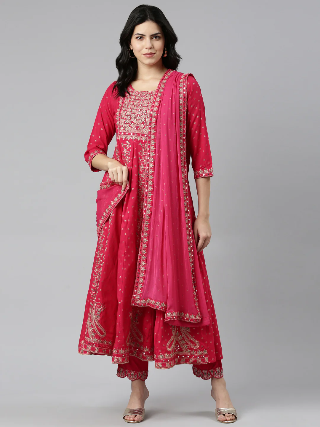 Neerus Pink Regular Straight Embroidered Kurta And Trousers With Dupatta - Image 5