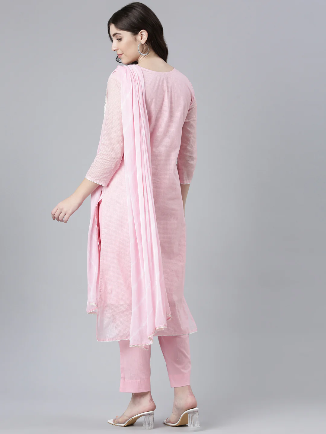 Neerus Pink Regular Straight Embroidered Kurta And Trousers With Dupatta - Image 3