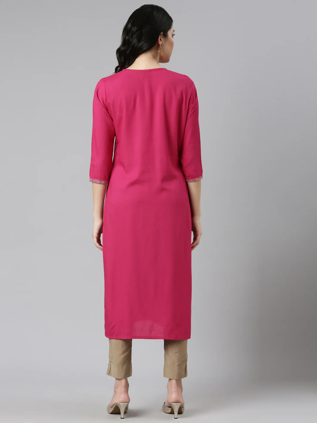 Neerus Pink Regular Straight Embroidered Kurta - Image 3