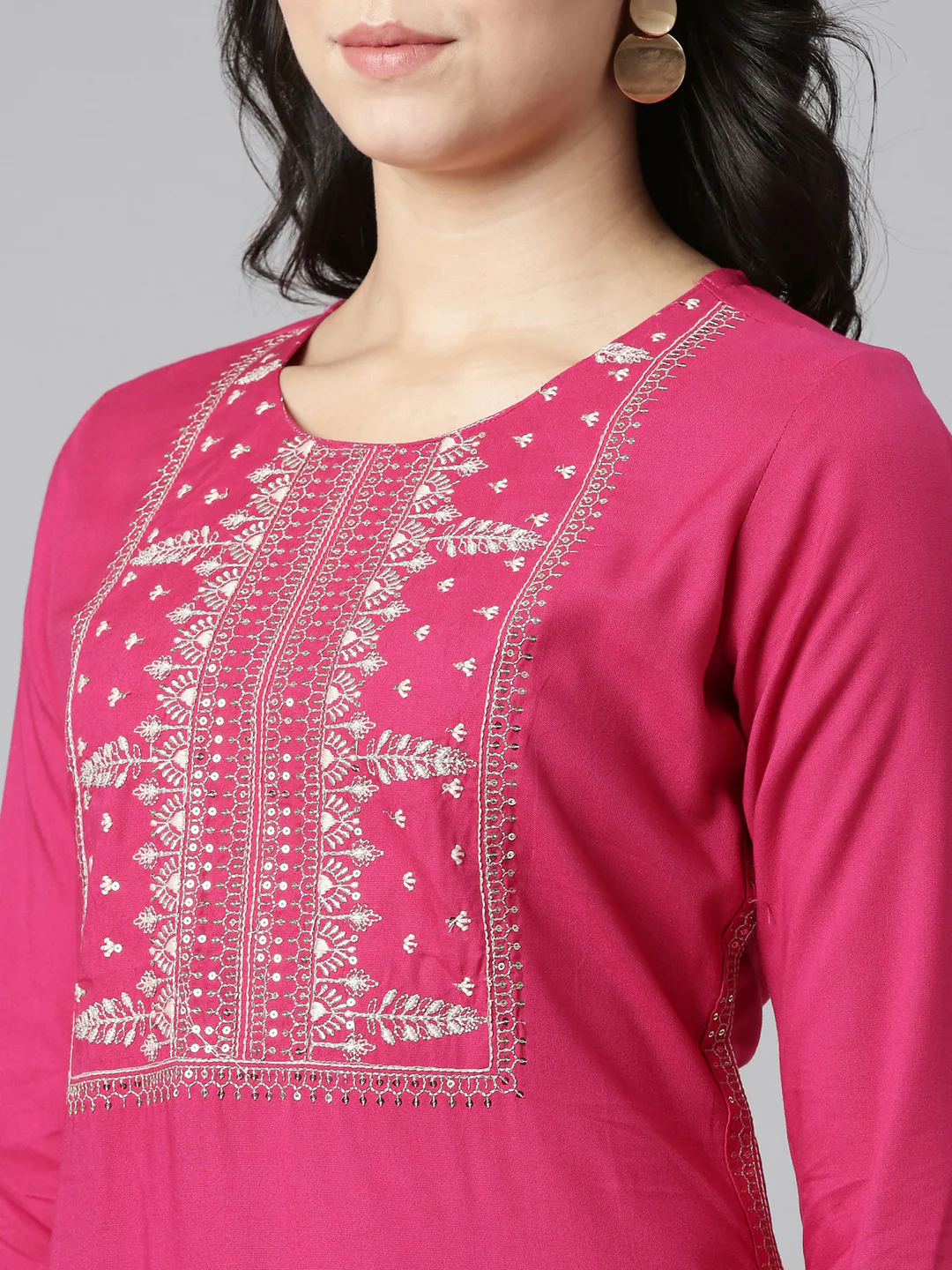 Neerus Pink Regular Straight Embroidered Kurta - Image 4