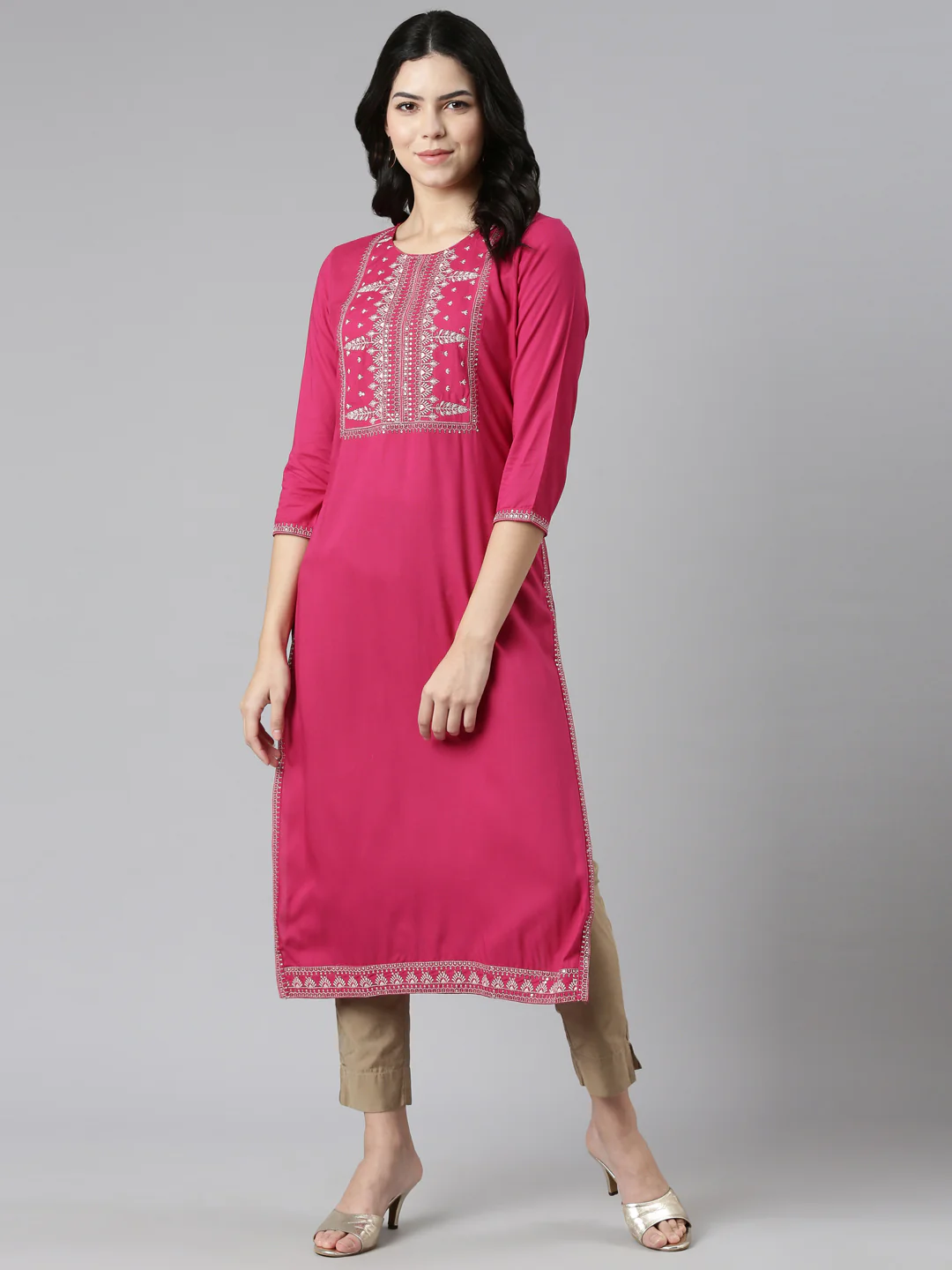 Neerus Pink Regular Straight Embroidered Kurta - Image 5