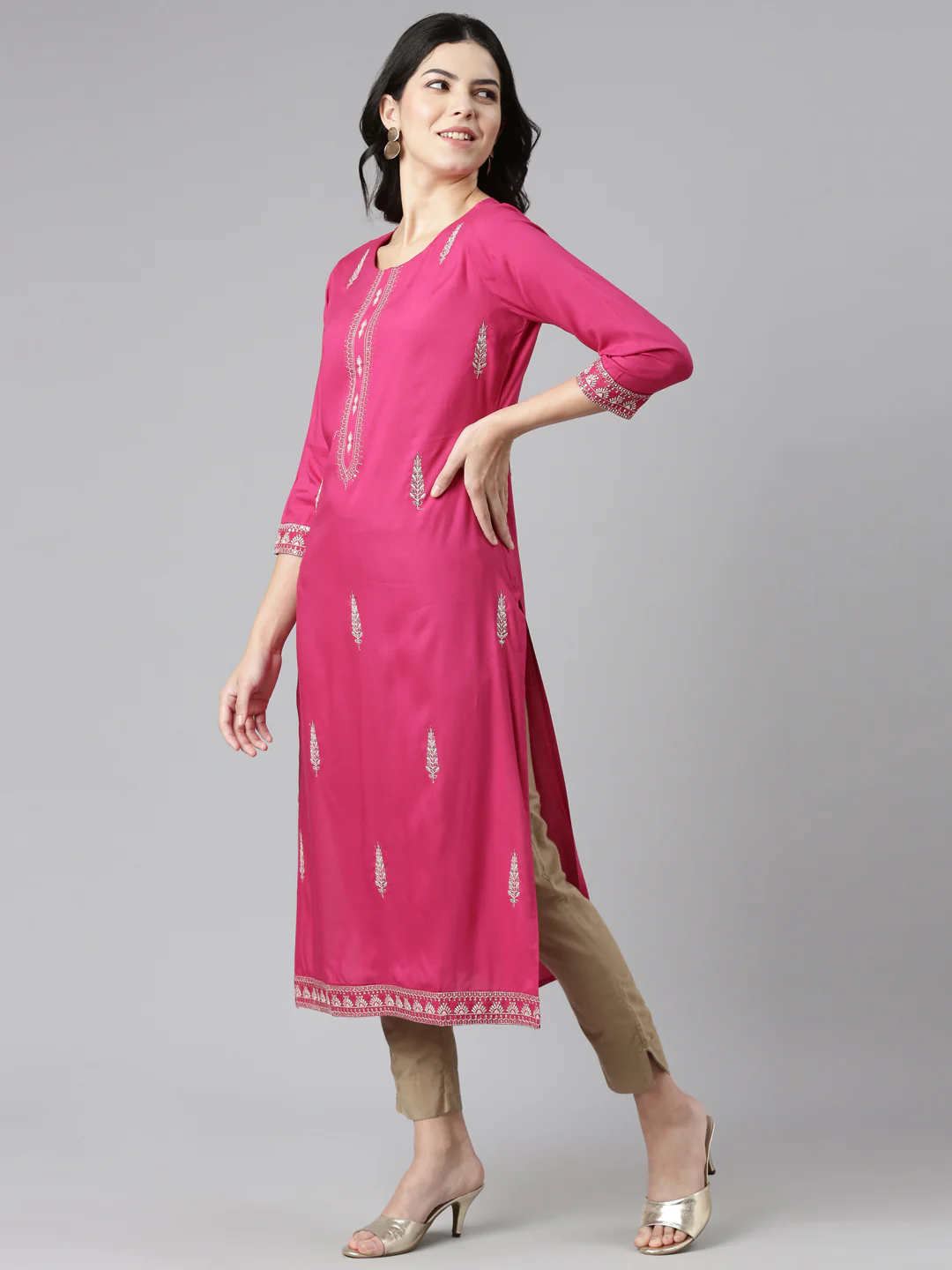Neerus Pink Regular Straight Embroidered Kurta - Image 2