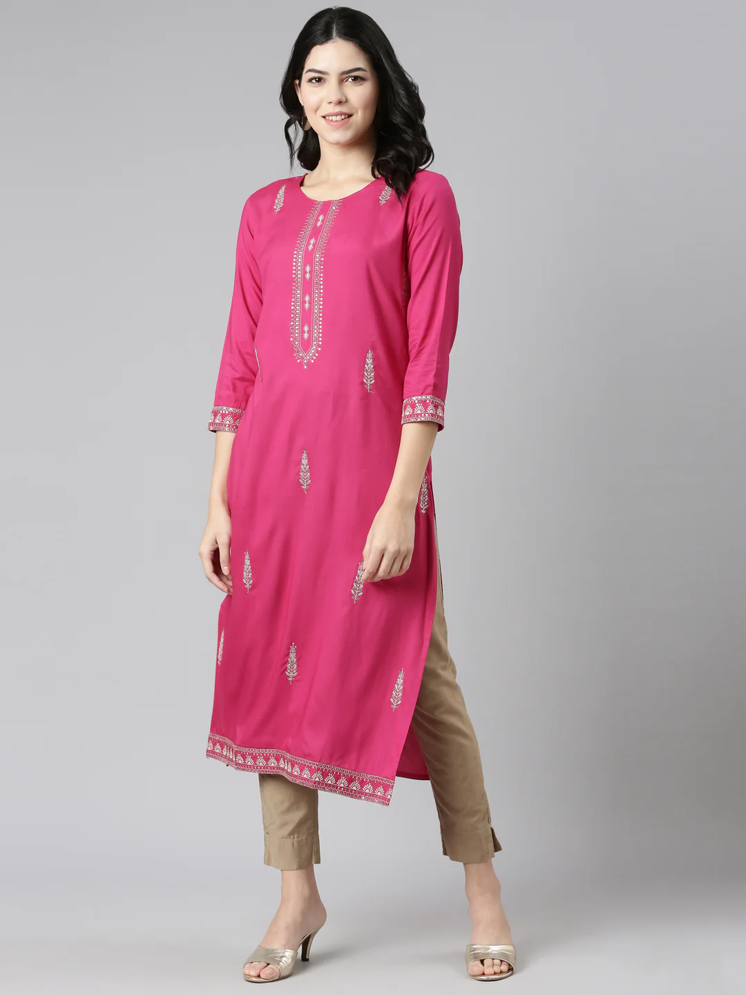 Neerus Pink Regular Straight Embroidered Kurta - Image 5