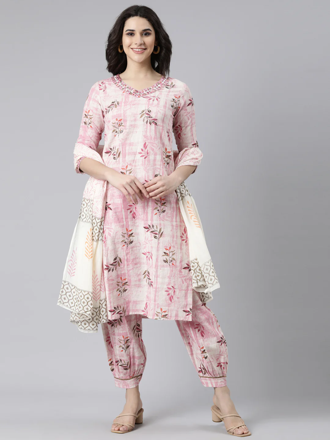 Neerus Pink Regular Straight Floral Kurta And Salwar With Dupatta