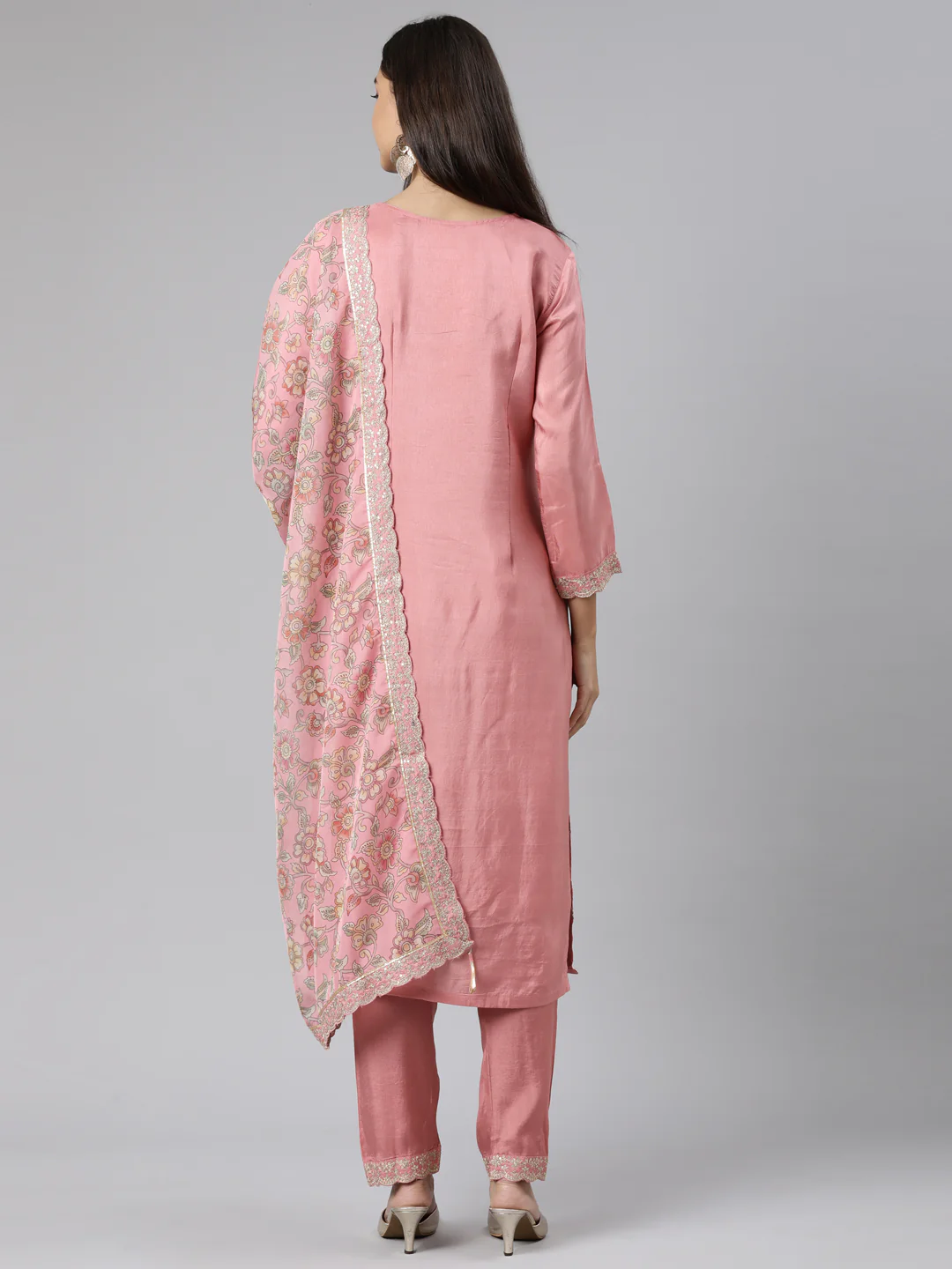Neerus Pink Regular Straight Floral Kurta And Trousers With Dupatta - Image 3