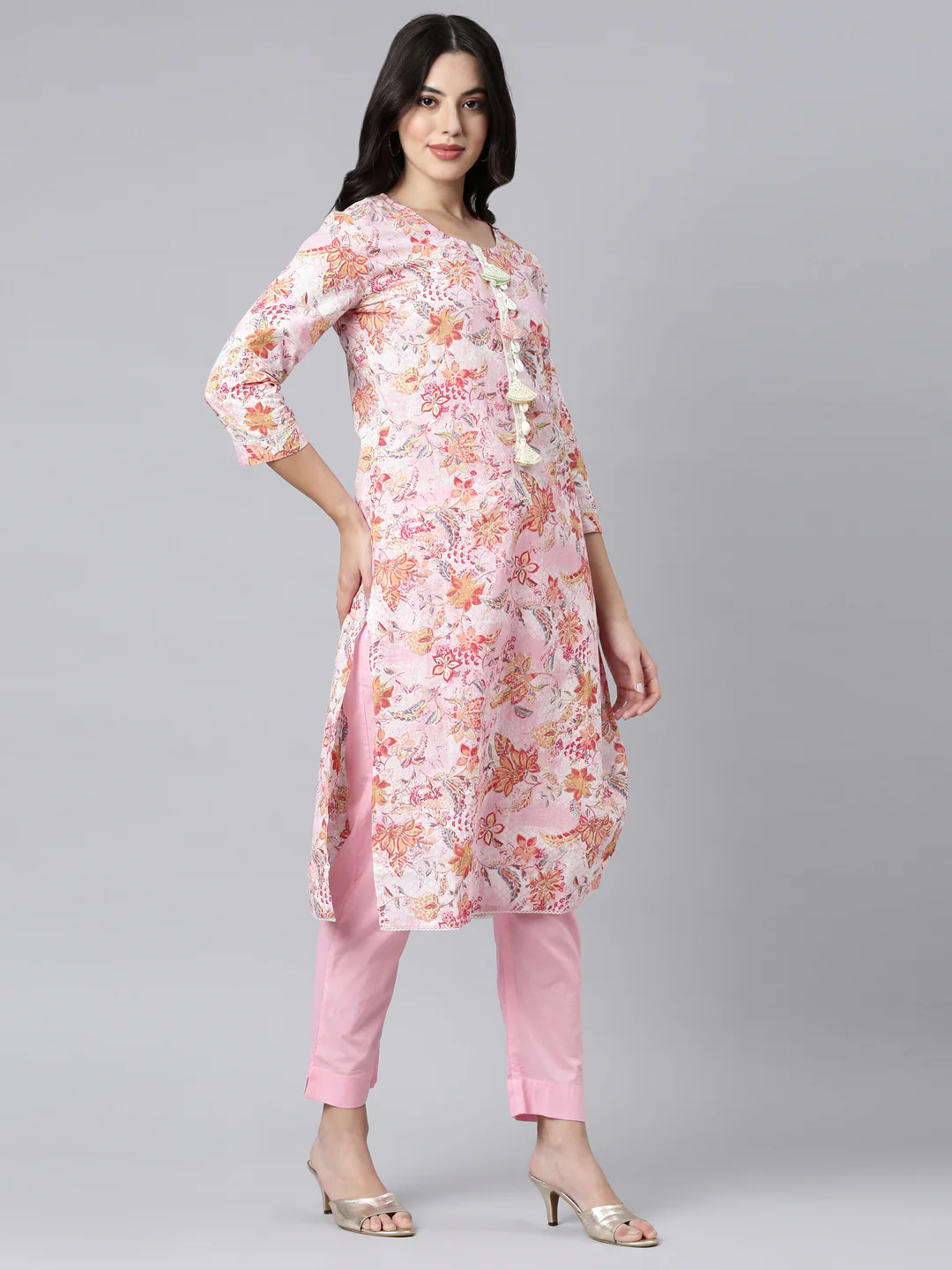 Neerus Pink Regular Straight Floral Kurta And Trousers With Dupatta - Image 2