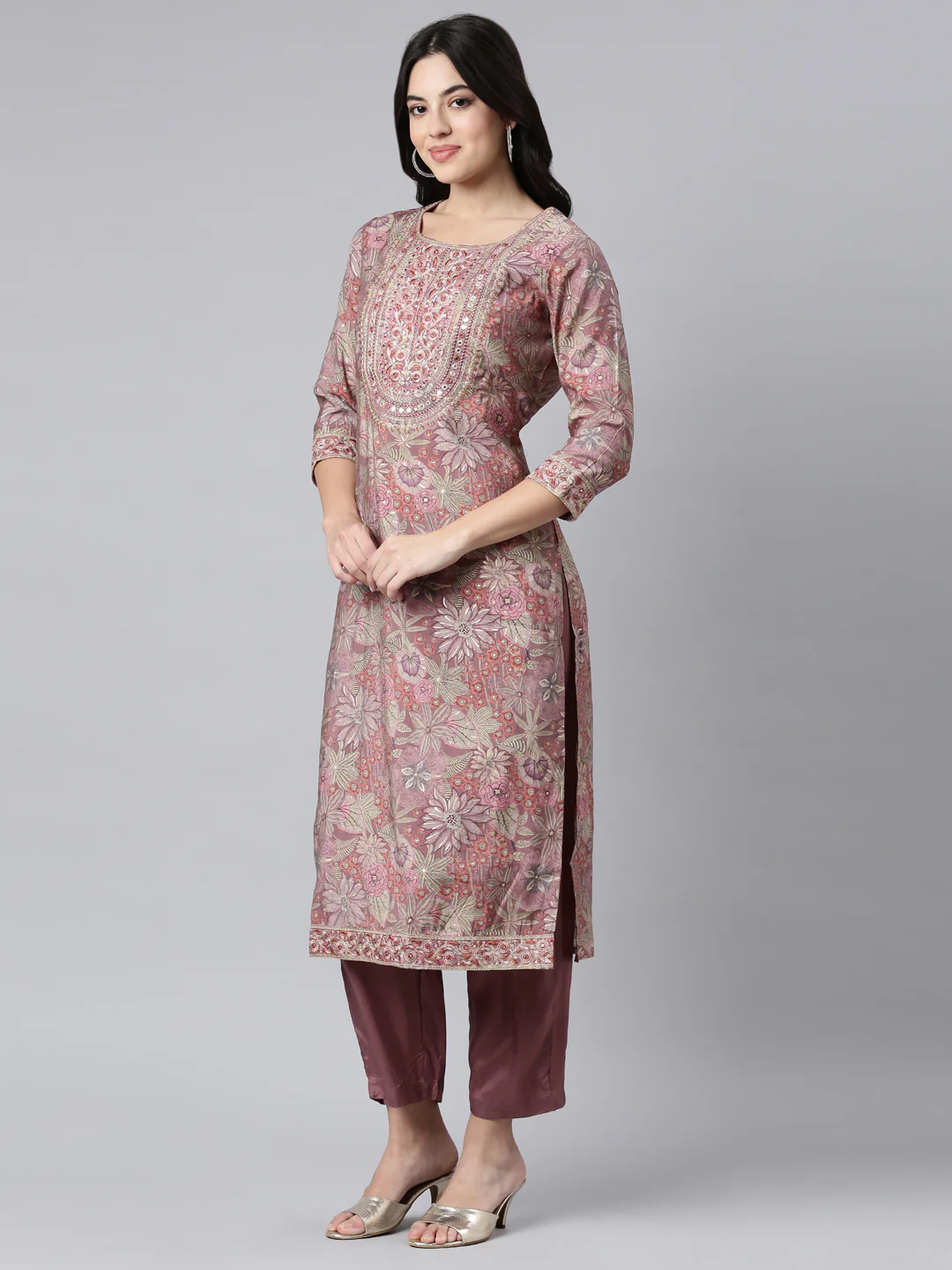 Neerus Pink Regular Straight Floral Kurta And Trousers With Dupatta - Image 2