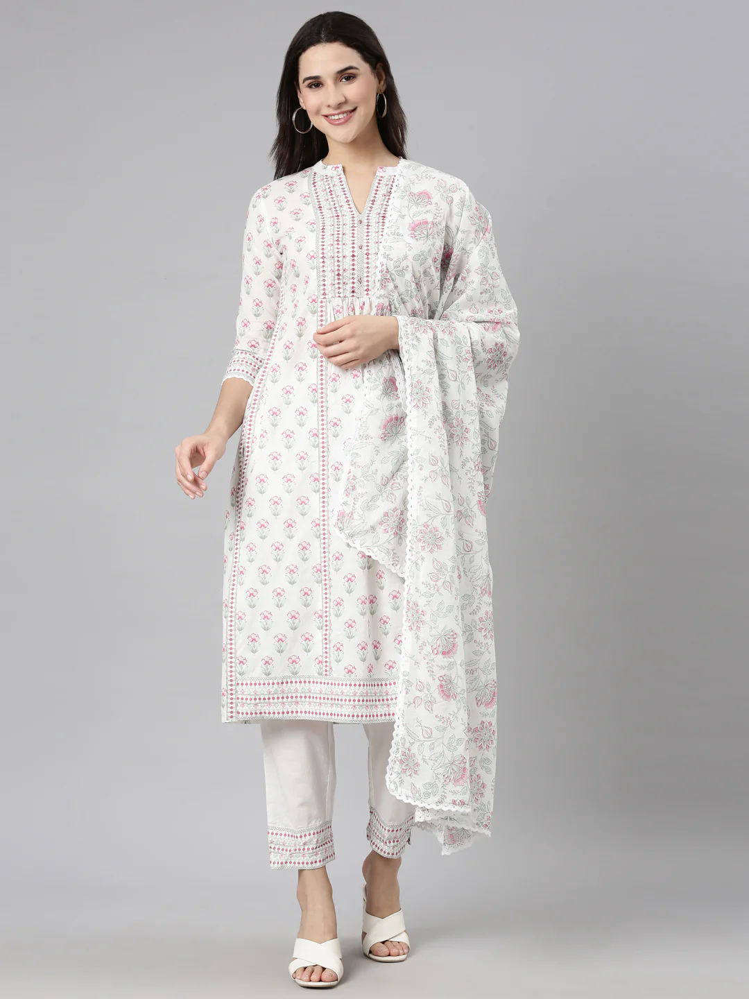 Neerus Pink Regular Straight Floral Kurta And Trousers With Dupatta