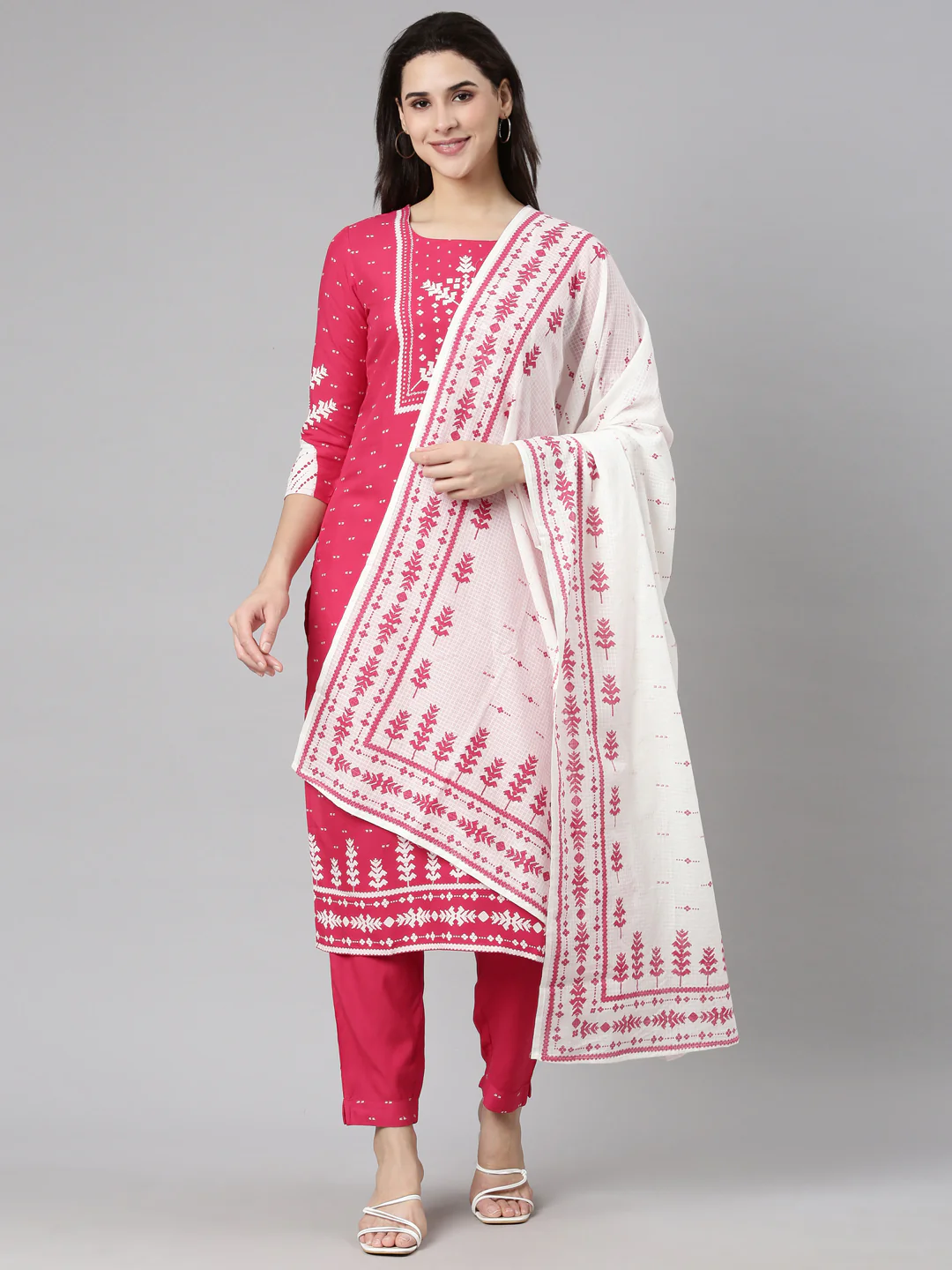 Neerus Pink Regular Straight Floral Kurta And Trousers With Dupatta