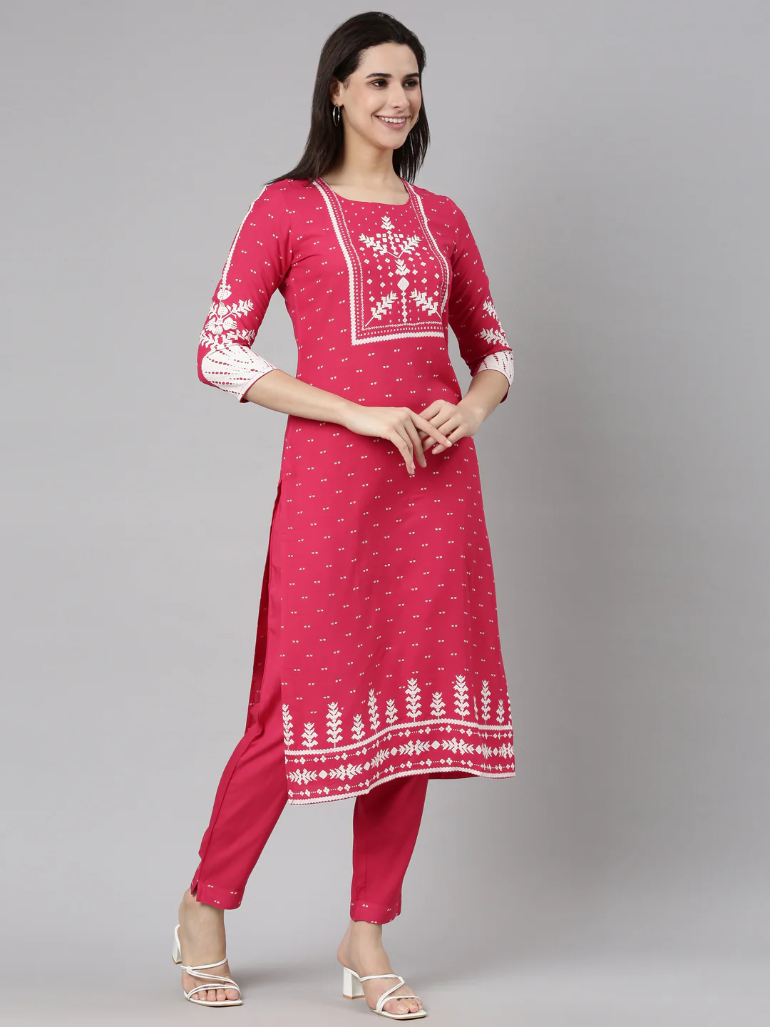 Neerus Pink Regular Straight Floral Kurta And Trousers With Dupatta - Image 2