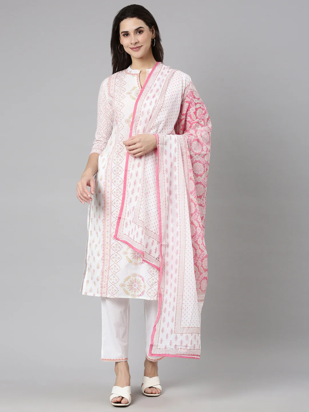 Neerus Pink Regular Straight Floral Kurta And Trousers With Dupatta