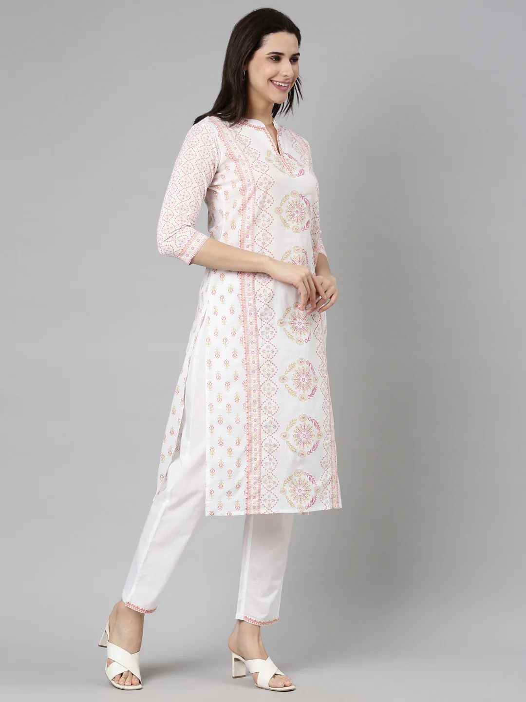 Neerus Pink Regular Straight Floral Kurta And Trousers With Dupatta - Image 2