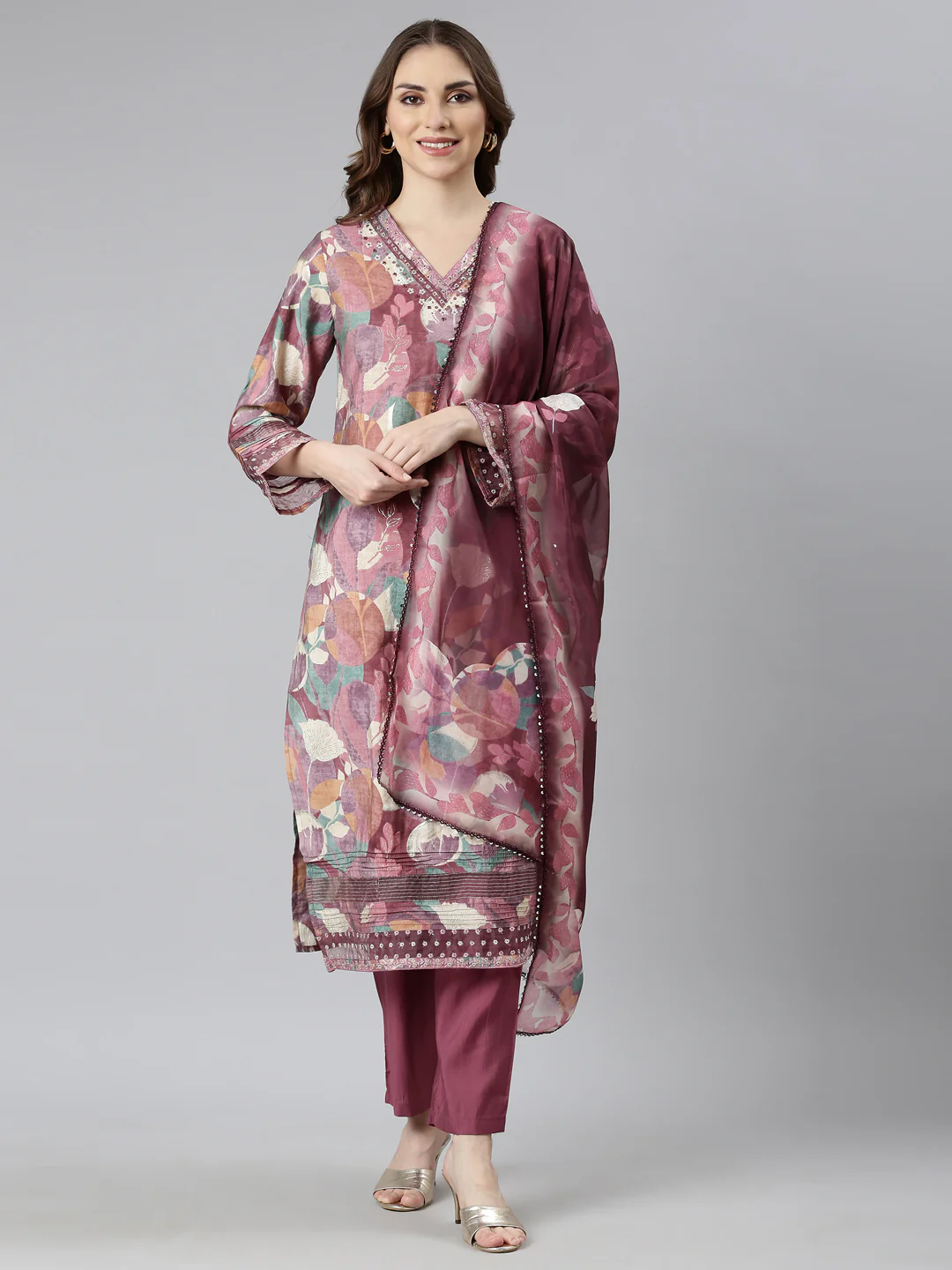 Neerus Pink Regular Straight Floral Kurta And Trousers With Dupatta