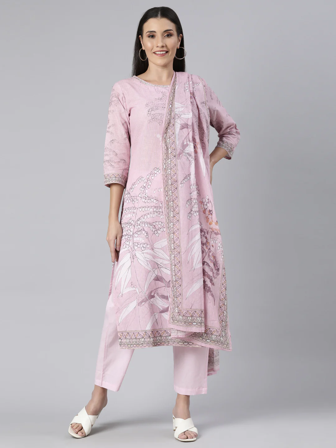 Neerus Pink Regular Straight Floral Kurta And Trousers With Dupatta