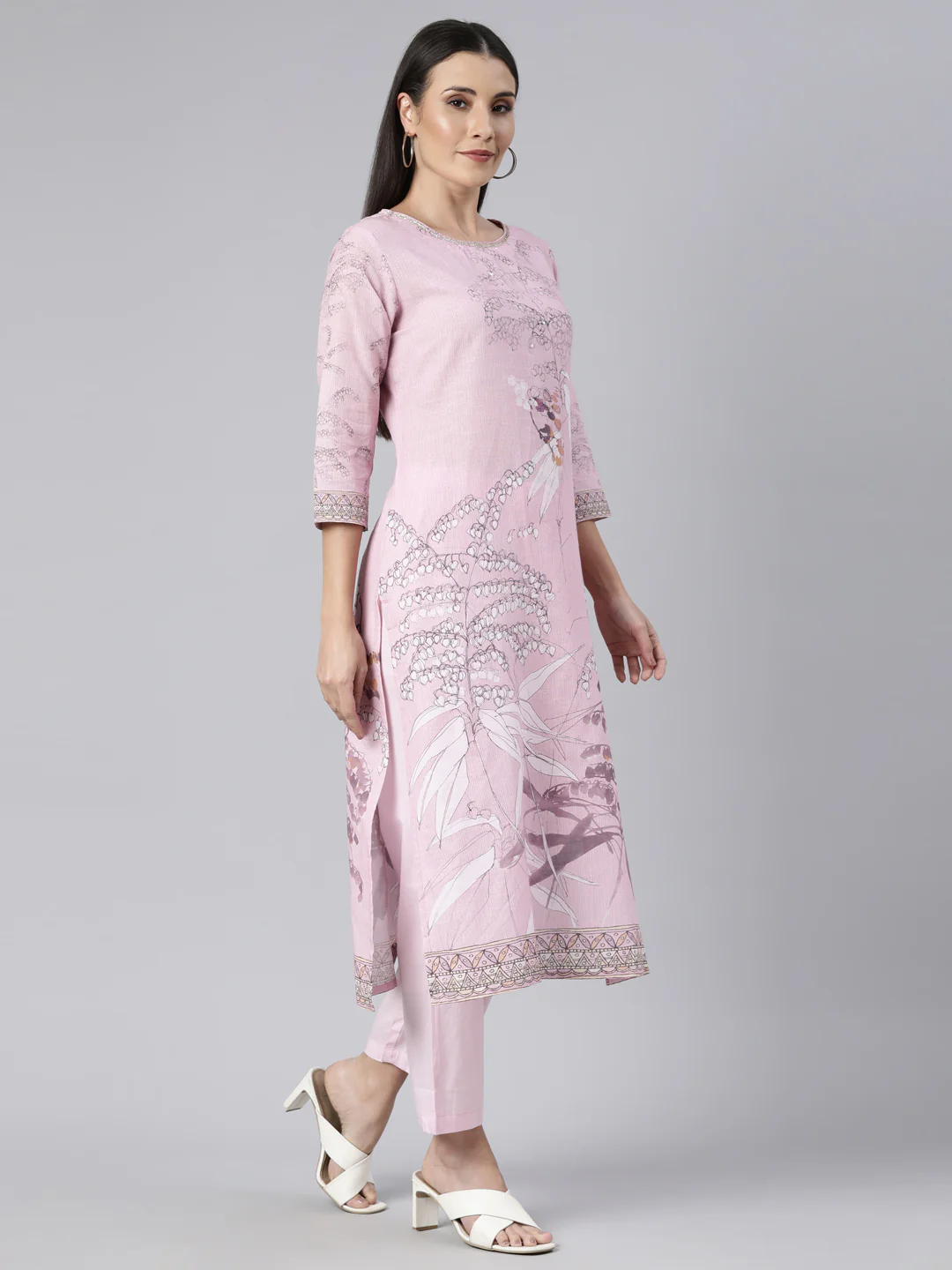 Neerus Pink Regular Straight Floral Kurta And Trousers With Dupatta - Image 2