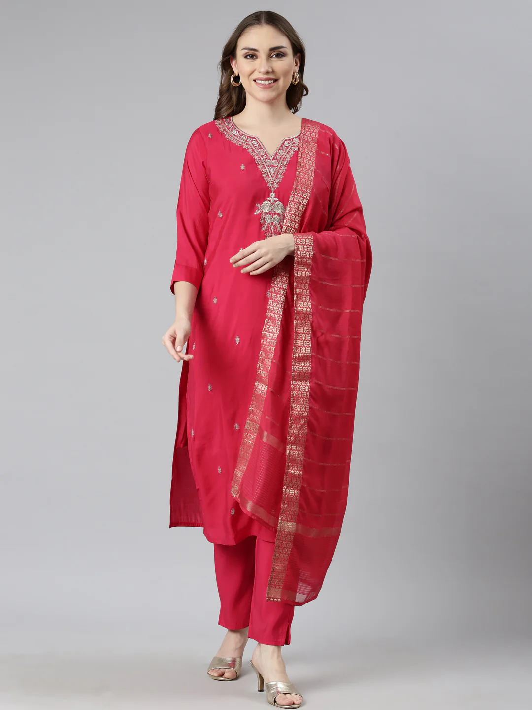 Neerus Pink Regular Straight Floral Kurta And Trousers With Dupatta