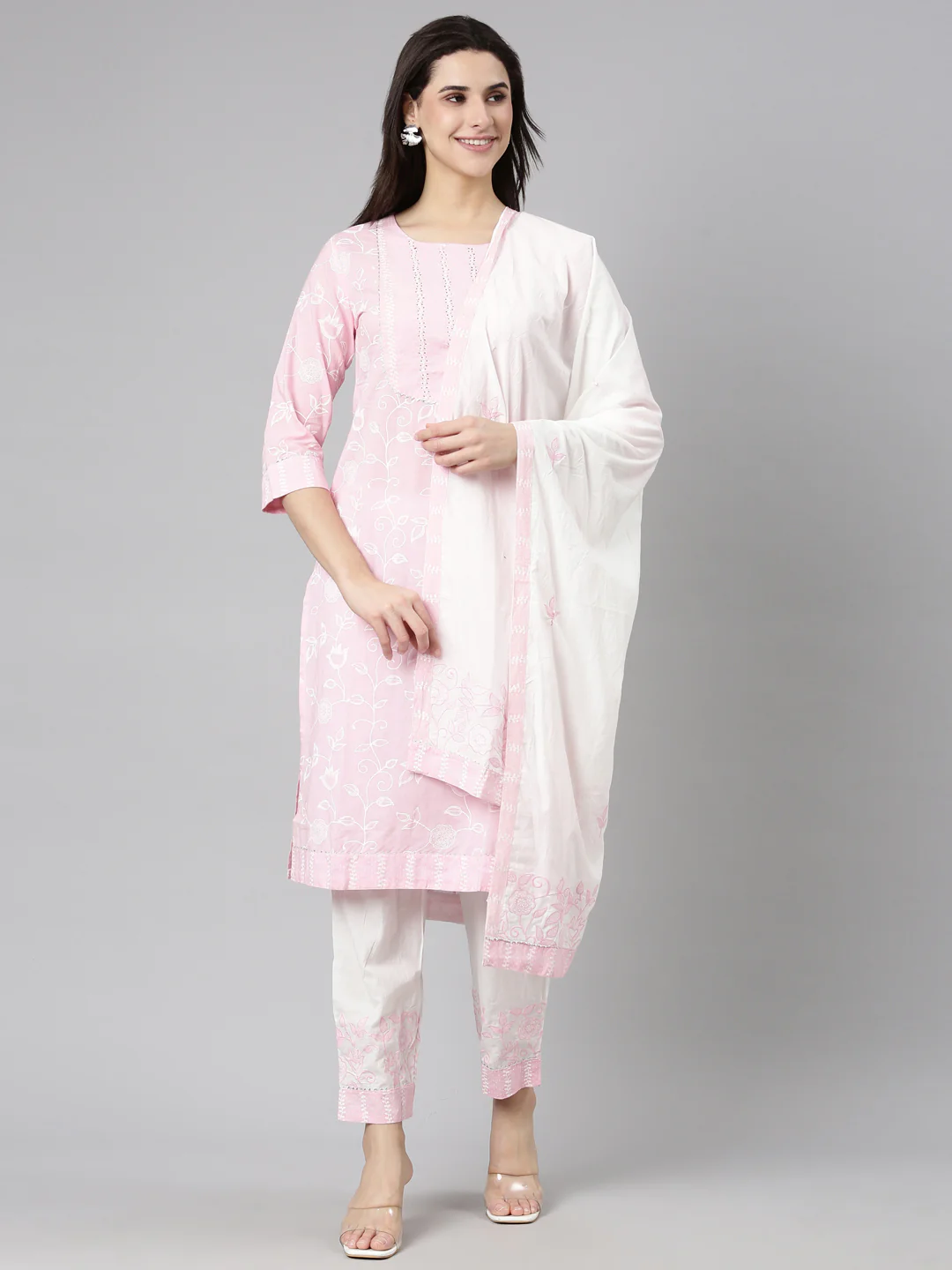 Neerus Pink Regular Straight Floral Kurta And Trousers With Dupatta